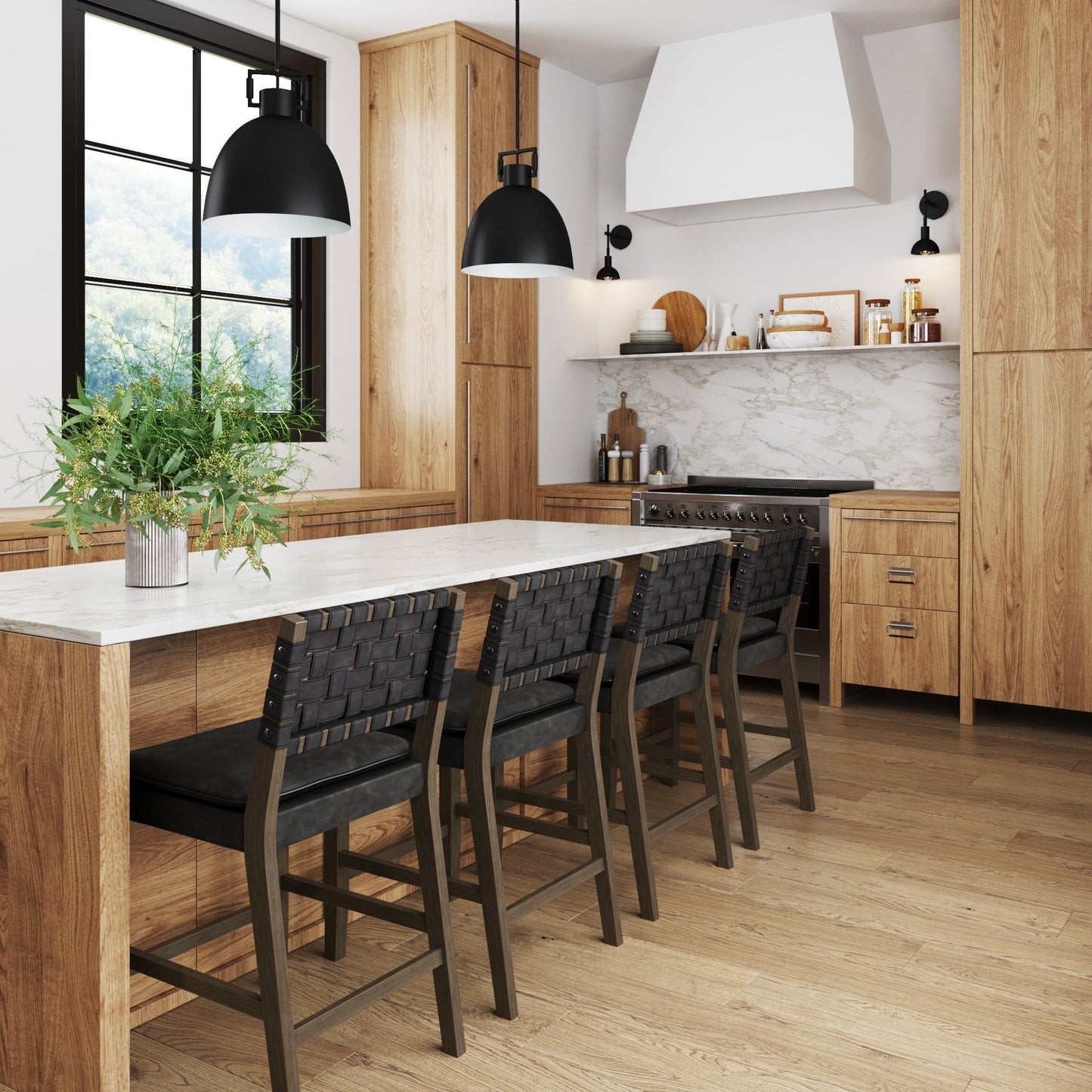 Nathan James Cohen Faux Leather Counter or Bar Height Stool, Solid Wood Frame with Footrest and Woven Leather Back