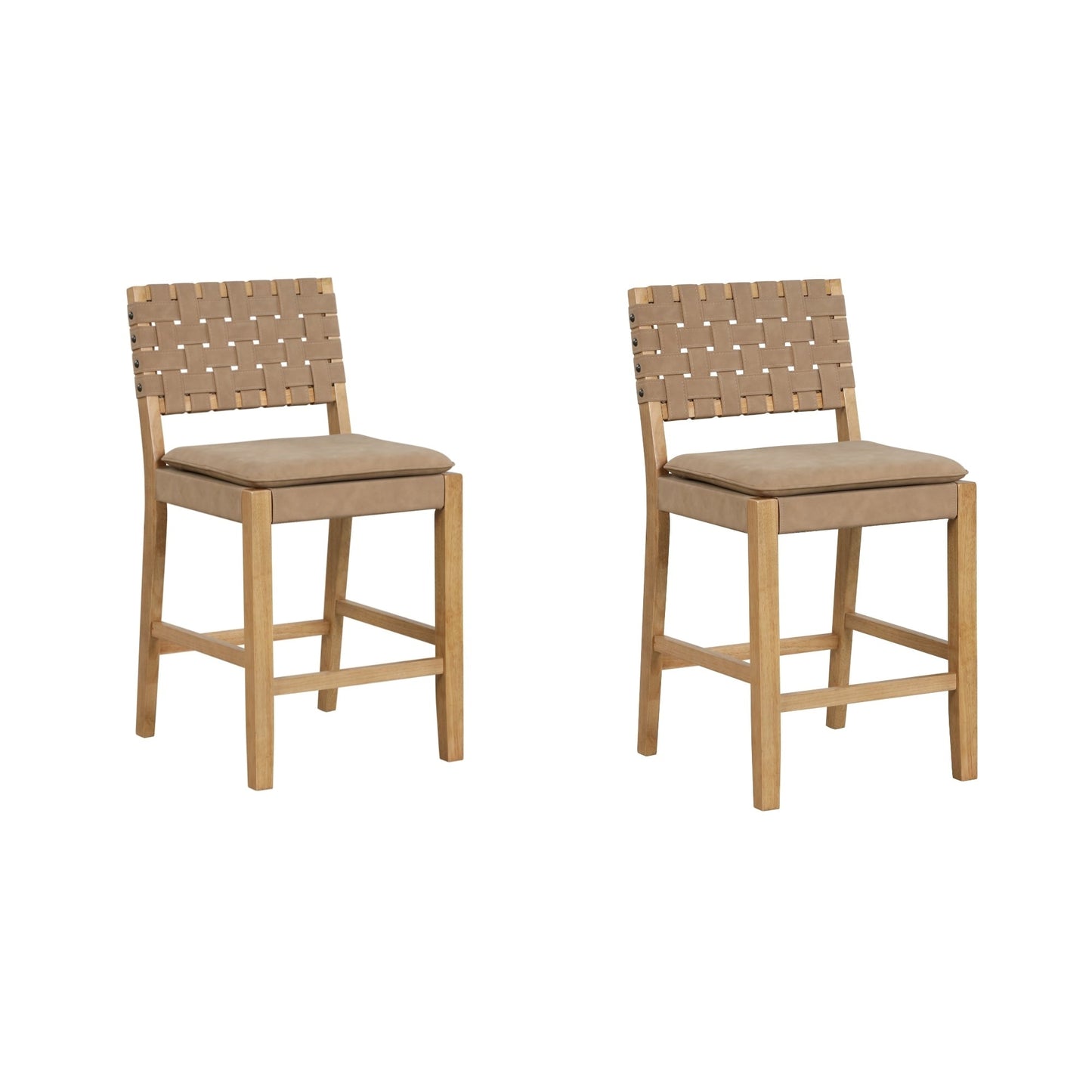 Nathan James Cohen Faux Leather Counter or Bar Height Stool, Solid Wood Frame with Footrest and Woven Leather Back