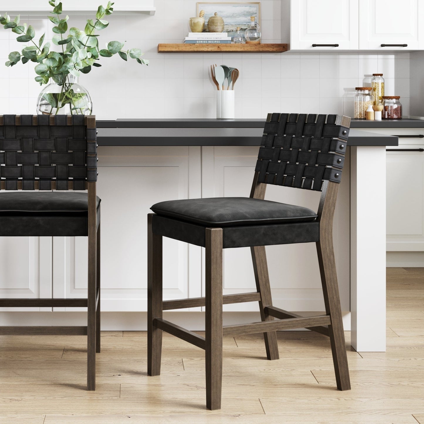 Nathan James Cohen Faux Leather Counter or Bar Height Stool, Solid Wood Frame with Footrest and Woven Leather Back