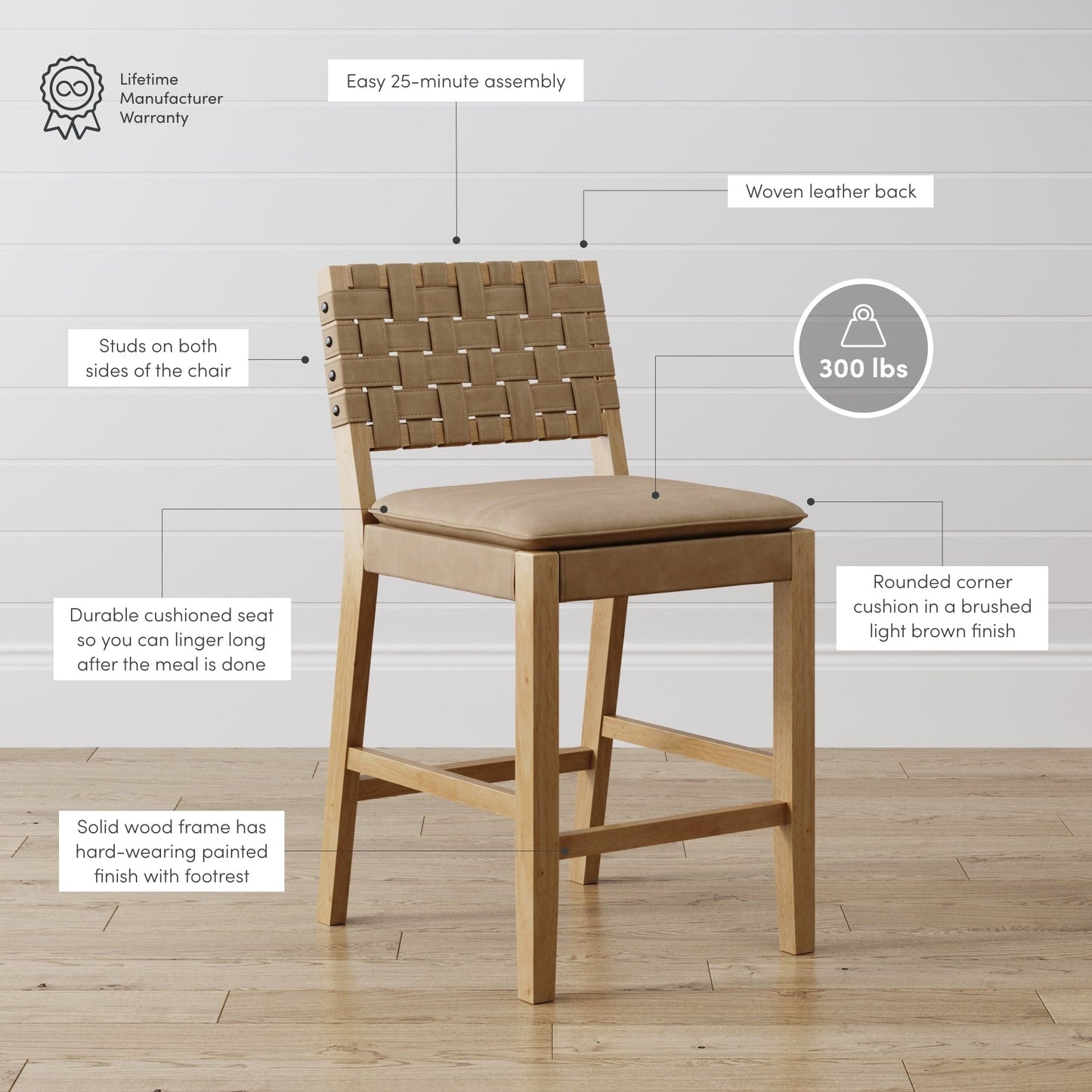 Nathan James Cohen Faux Leather Counter or Bar Height Stool, Solid Wood Frame with Footrest and Woven Leather Back