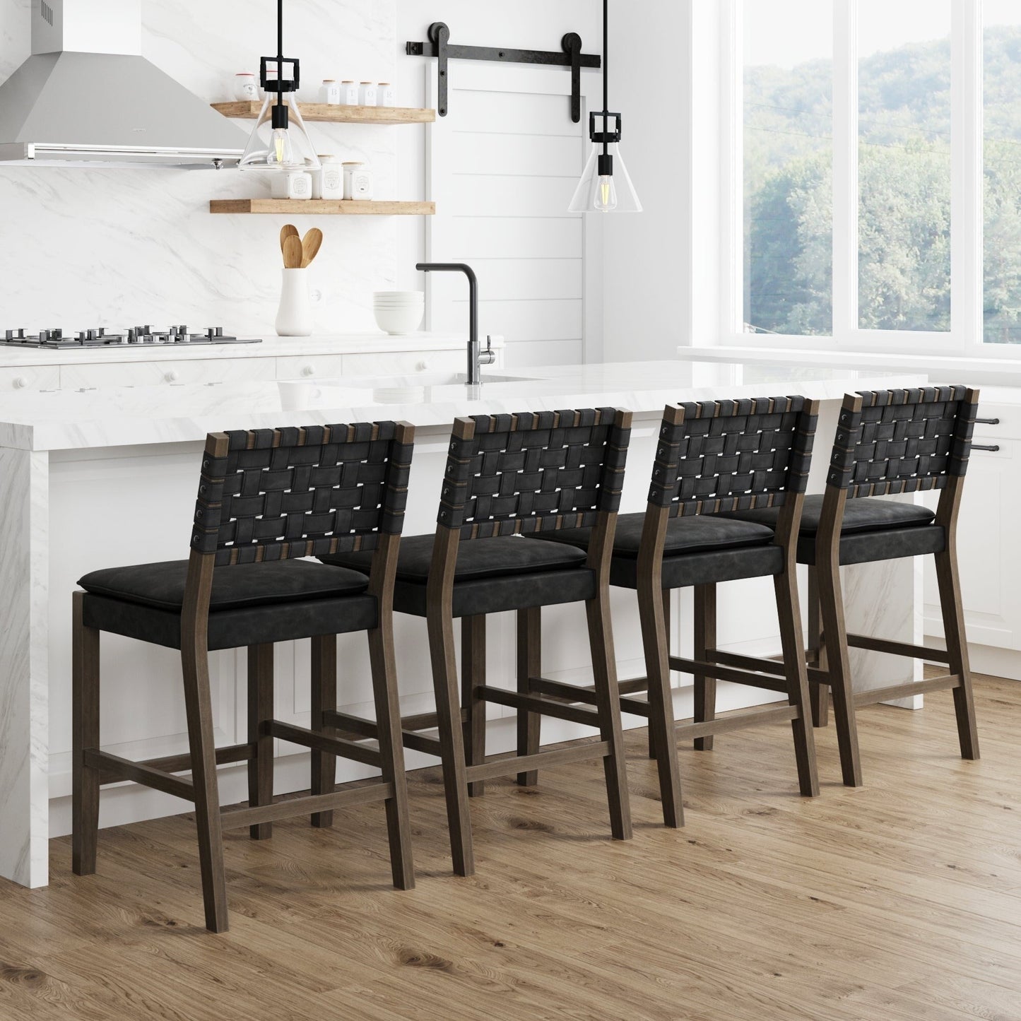 Nathan James Cohen Faux Leather Counter or Bar Height Stool, Solid Wood Frame with Footrest and Woven Leather Back