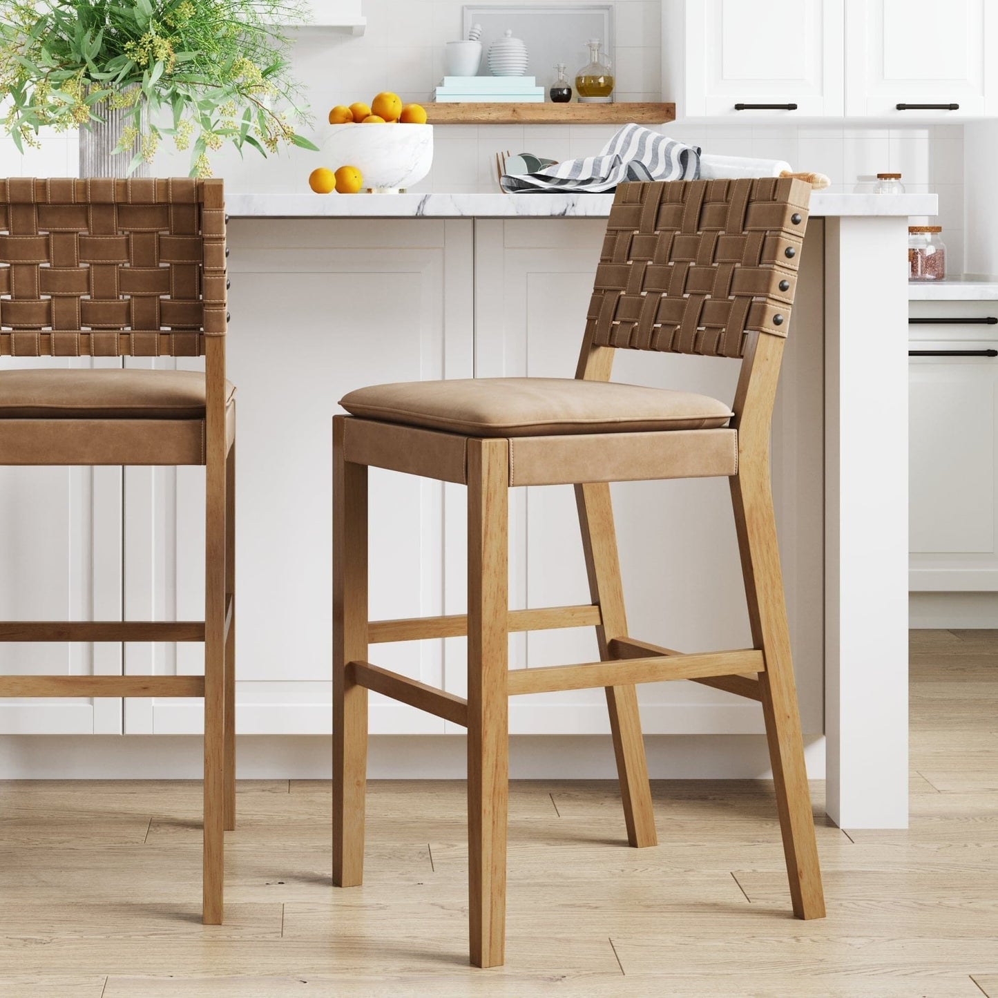 Nathan James Cohen Faux Leather Counter or Bar Height Stool, Solid Wood Frame with Footrest and Woven Leather Back