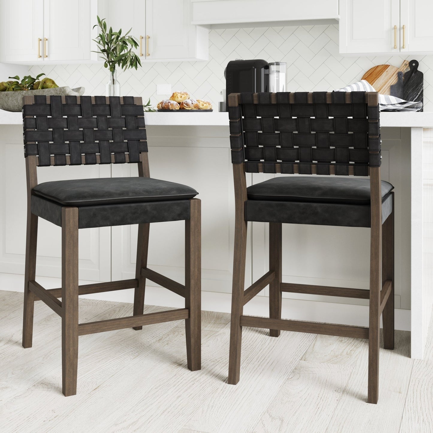 Nathan James Cohen Faux Leather Counter or Bar Height Stool, Solid Wood Frame with Footrest and Woven Leather Back