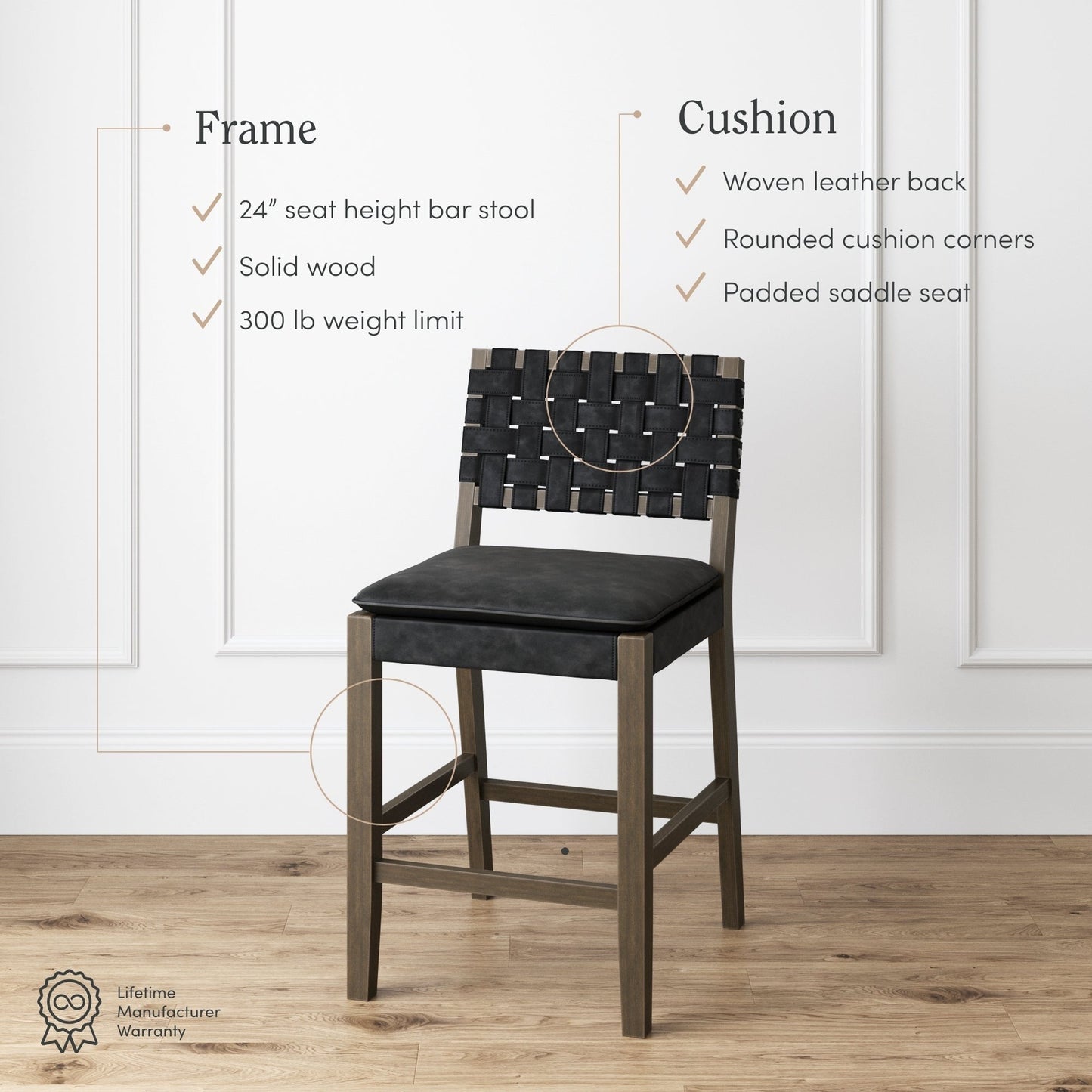 Nathan James Cohen Faux Leather Counter or Bar Height Stool, Solid Wood Frame with Footrest and Woven Leather Back