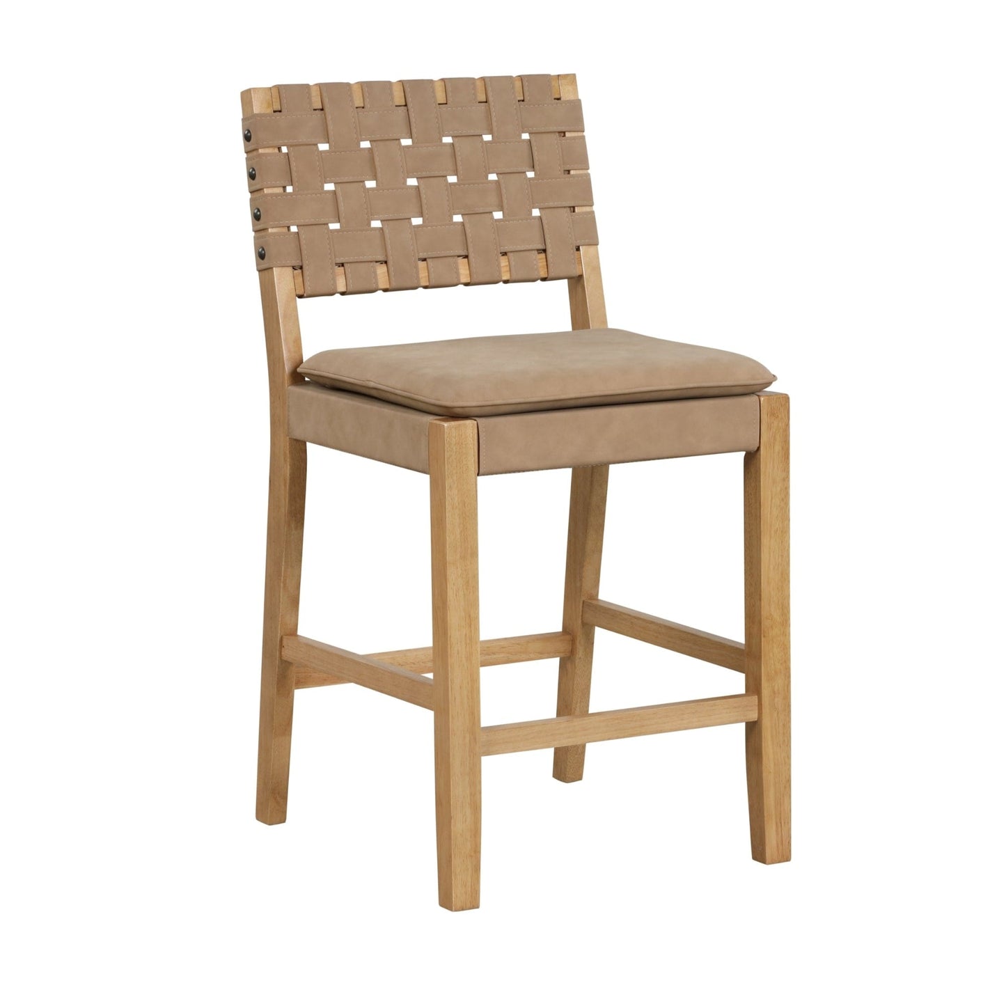 Nathan James Cohen Faux Leather Counter or Bar Height Stool, Solid Wood Frame with Footrest and Woven Leather Back