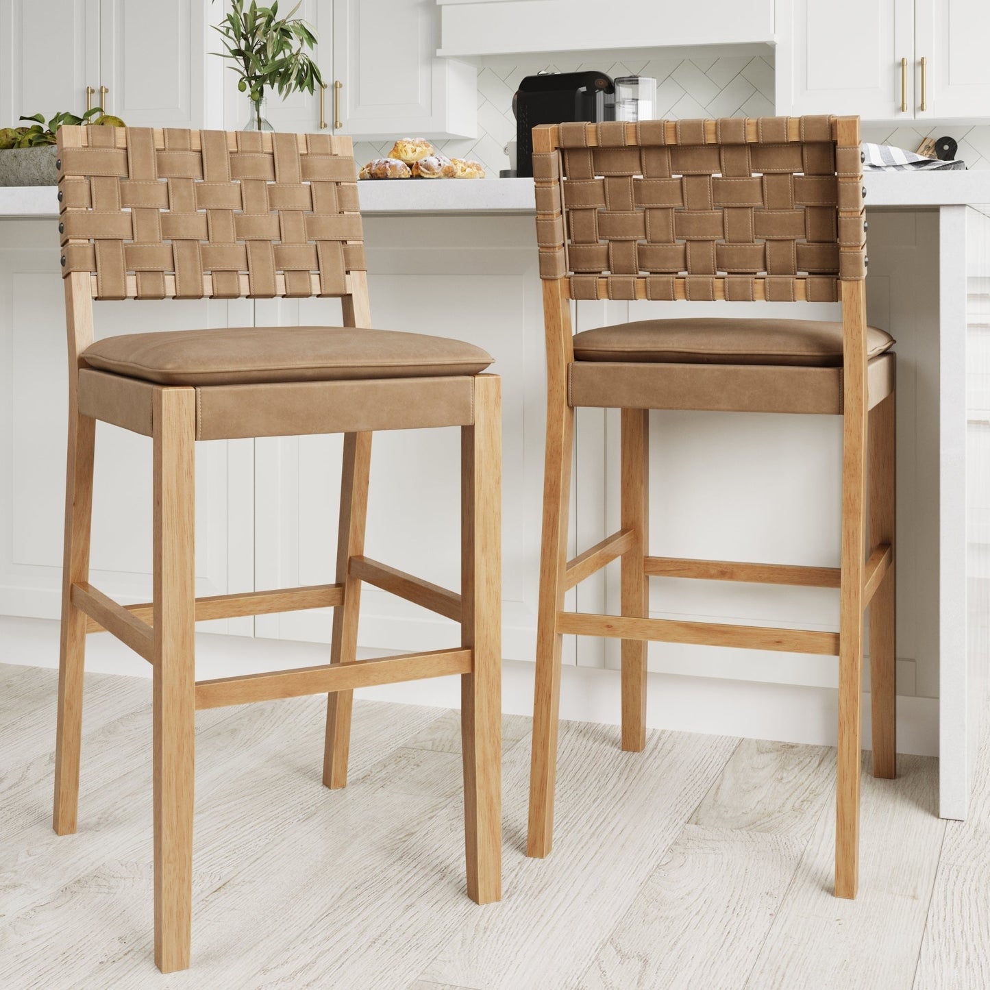 Nathan James Cohen Faux Leather Counter or Bar Height Stool, Solid Wood Frame with Footrest and Woven Leather Back