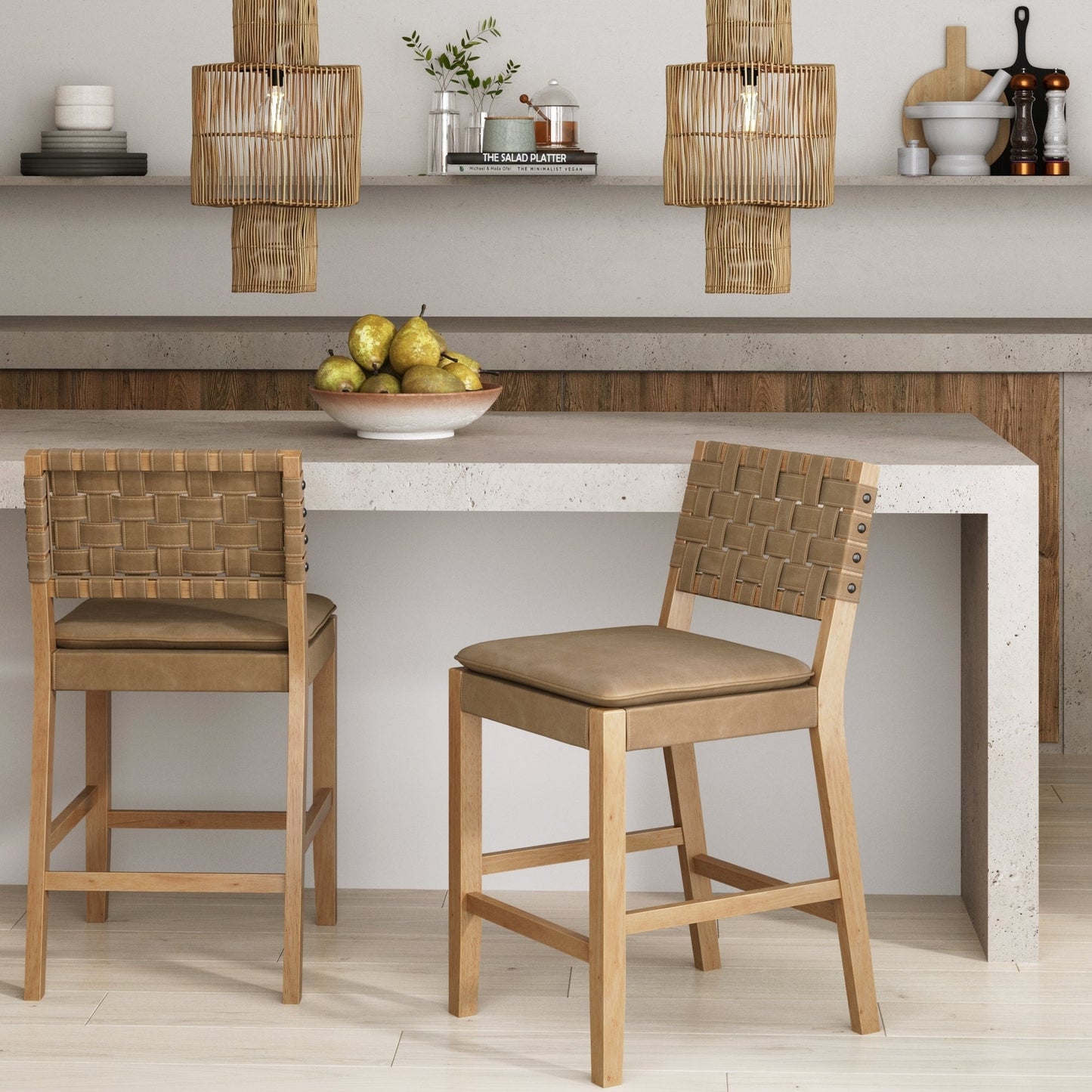 Nathan James Cohen Faux Leather Counter or Bar Height Stool, Solid Wood Frame with Footrest and Woven Leather Back