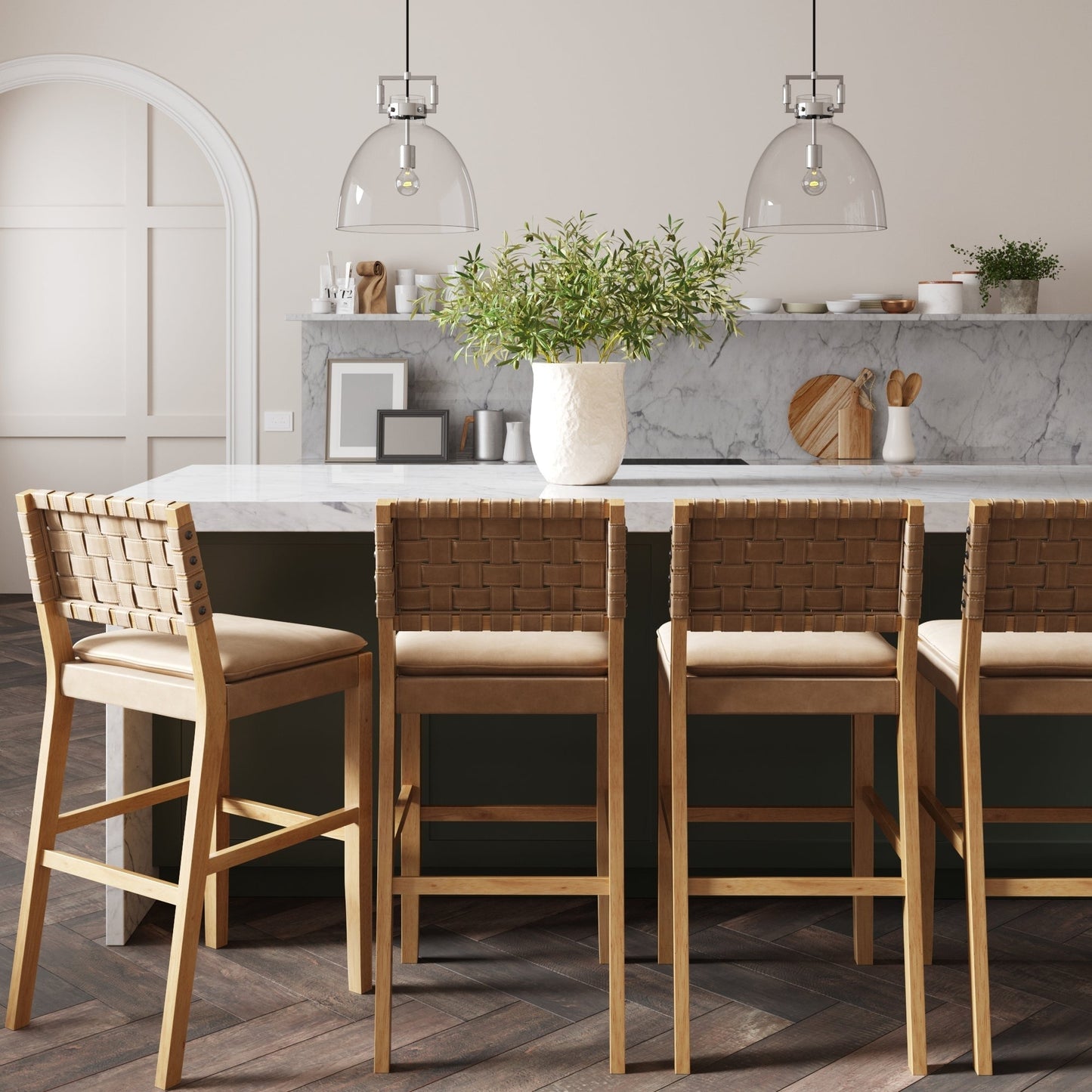 Nathan James Cohen Faux Leather Counter or Bar Height Stool, Solid Wood Frame with Footrest and Woven Leather Back