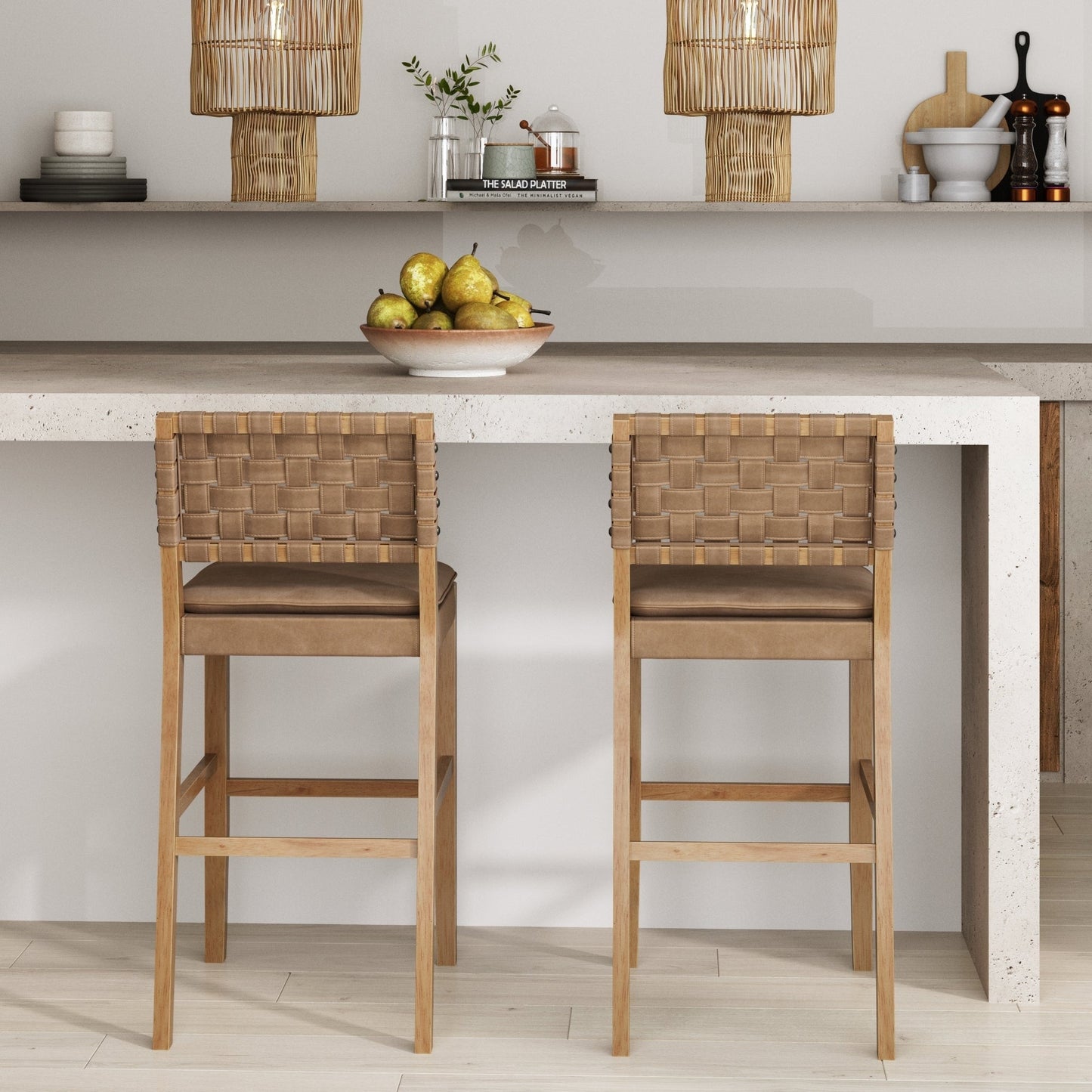 Nathan James Cohen Faux Leather Counter or Bar Height Stool, Solid Wood Frame with Footrest and Woven Leather Back
