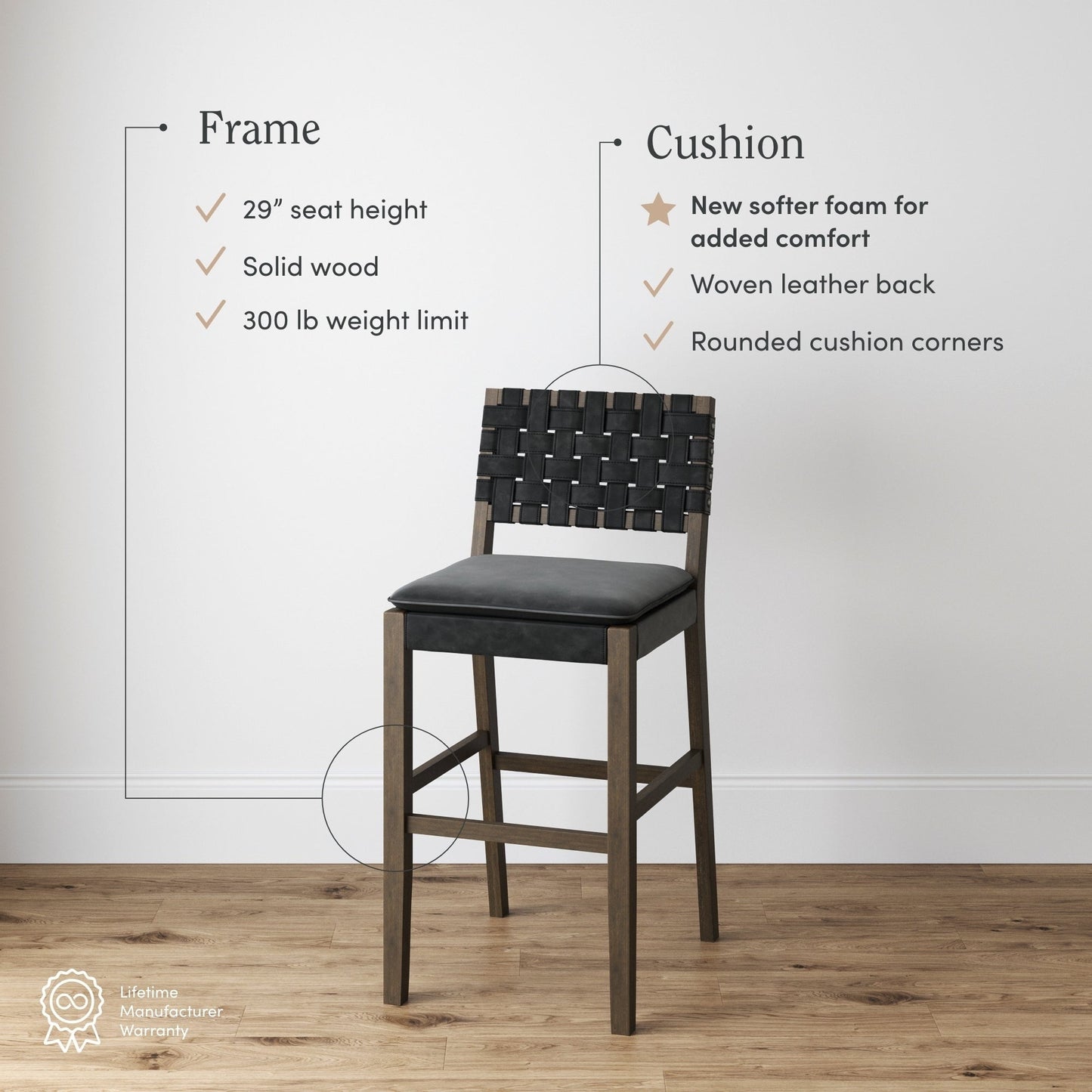 Nathan James Cohen Faux Leather Counter or Bar Height Stool, Solid Wood Frame with Footrest and Woven Leather Back