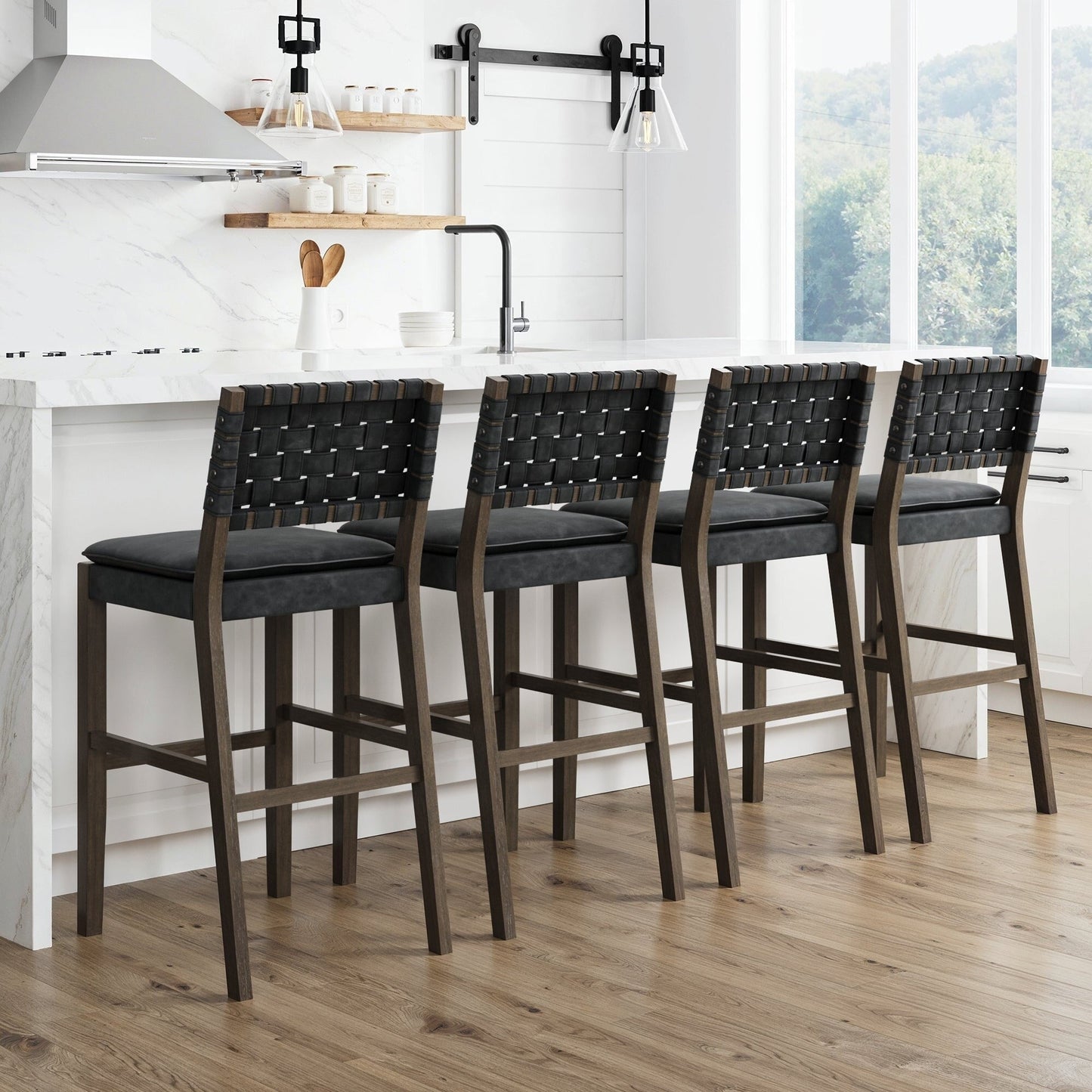 Nathan James Cohen Faux Leather Counter or Bar Height Stool, Solid Wood Frame with Footrest and Woven Leather Back