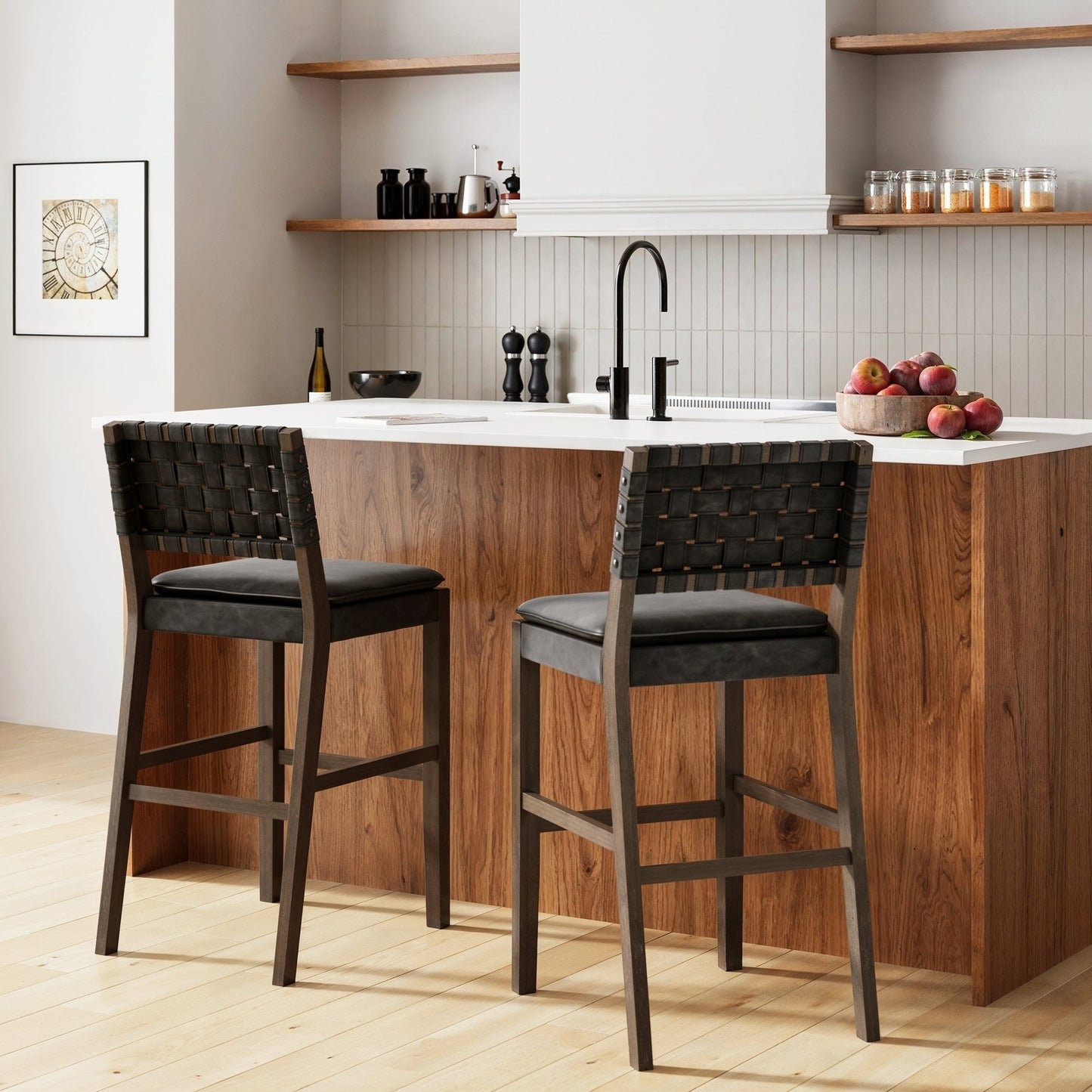 Nathan James Cohen Faux Leather Counter or Bar Height Stool, Solid Wood Frame with Footrest and Woven Leather Back