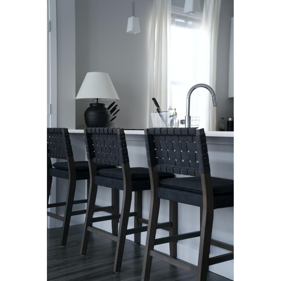 Nathan James Cohen Faux Leather Counter or Bar Height Stool, Solid Wood Frame with Footrest and Woven Leather Back