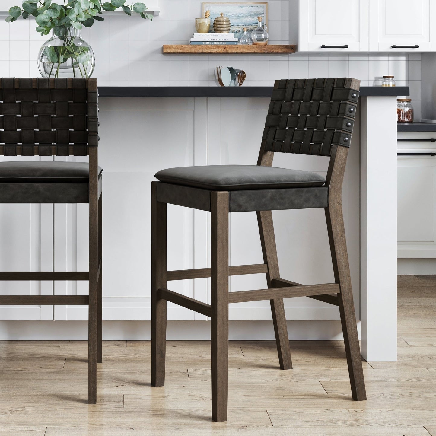 Nathan James Cohen Faux Leather Counter or Bar Height Stool, Solid Wood Frame with Footrest and Woven Leather Back