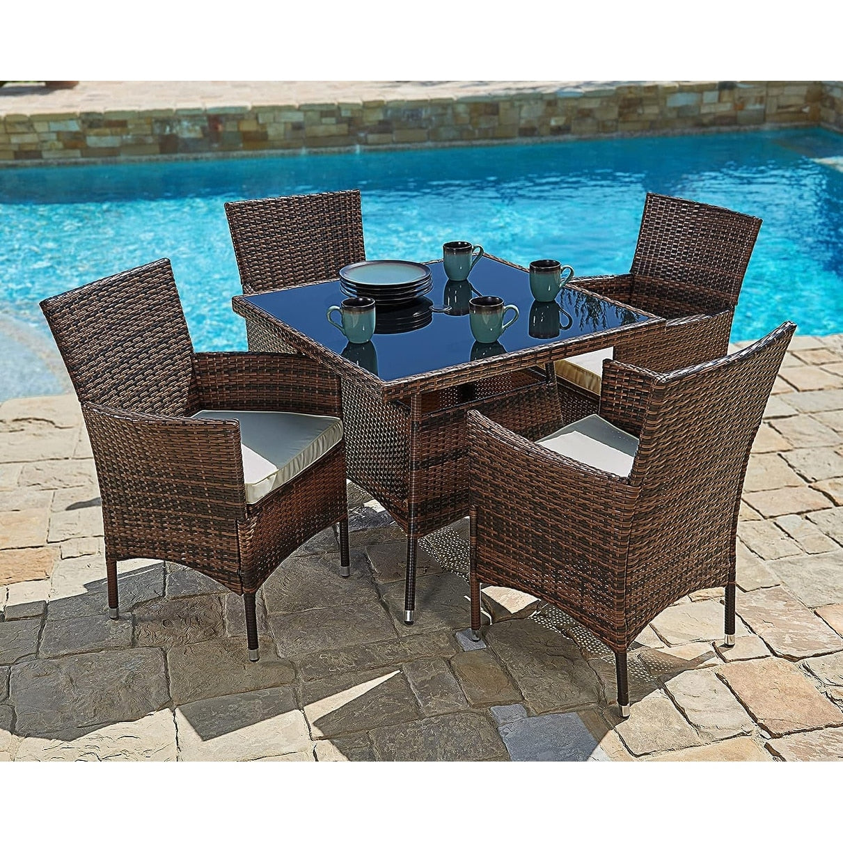 Ensemble de table à manger carrée d'extérieur Navi 5 pièces en osier par Havenside Home