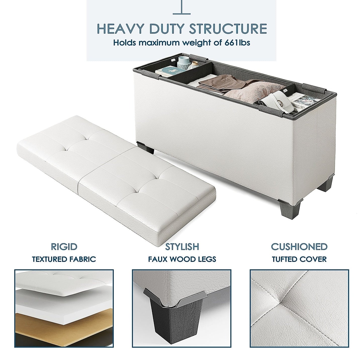 StorageBud Tuffted Folding Foot Rest Storage Ottoman Bench with Storage Bins