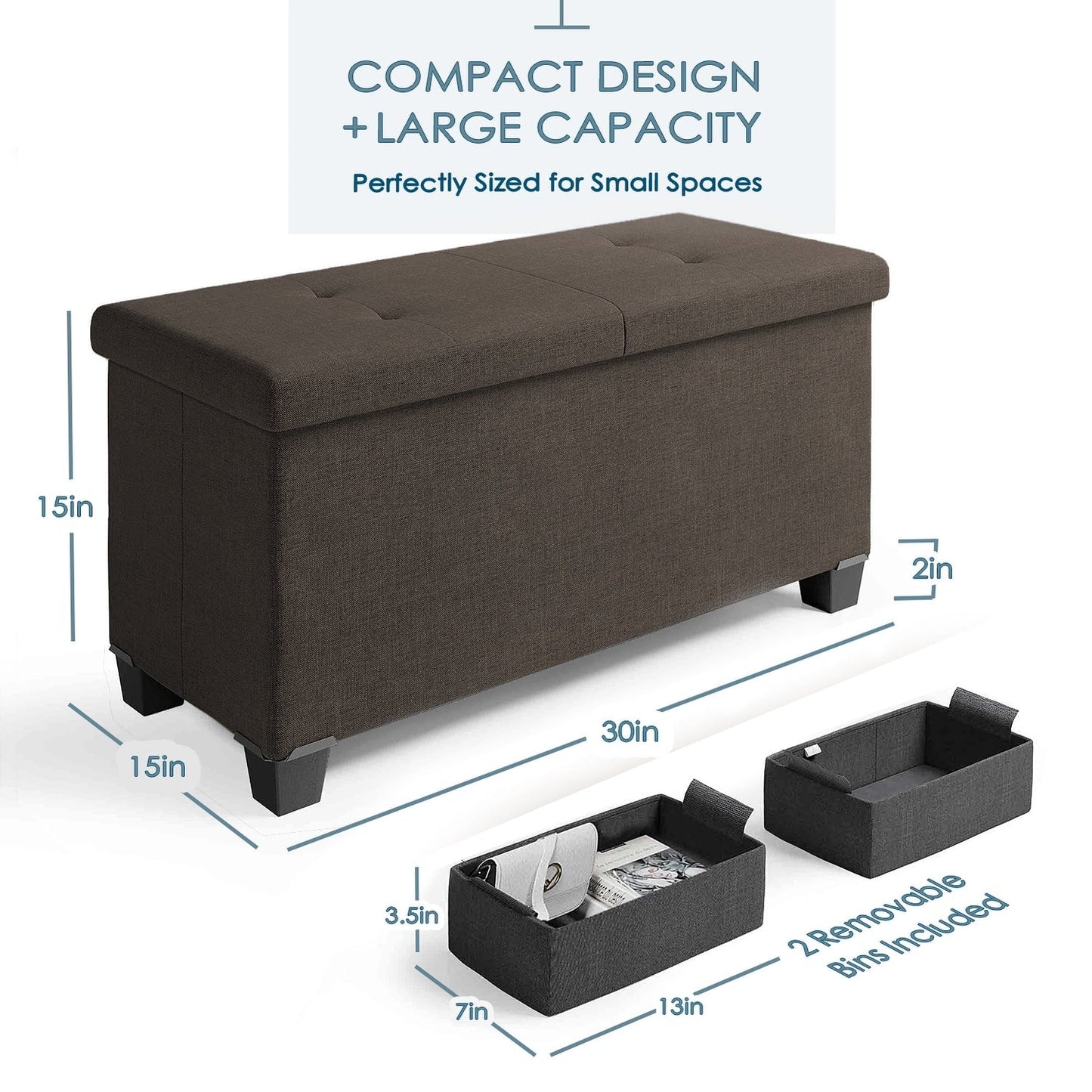 StorageBud Tuffted Folding Foot Rest Storage Ottoman Bench with Storage Bins