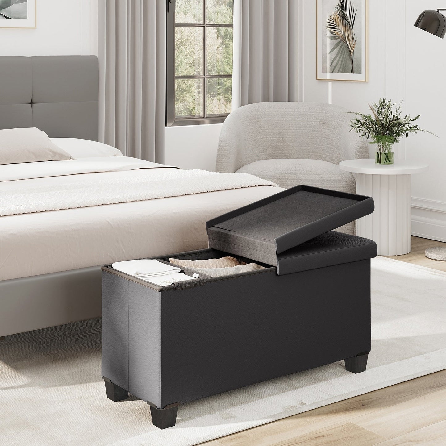 StorageBud Tuffted Folding Foot Rest Storage Ottoman Bench with Storage Bins