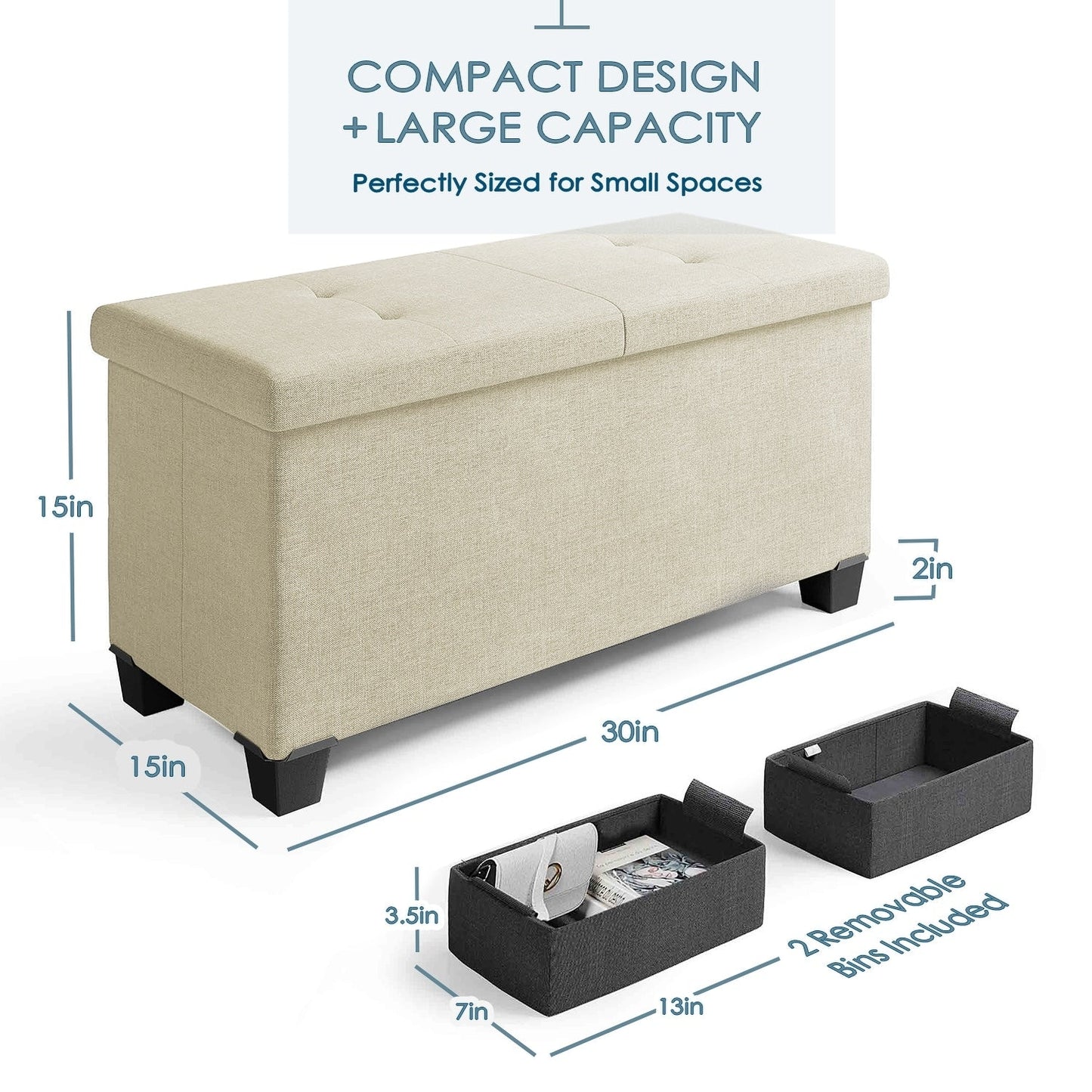 StorageBud Tuffted Folding Foot Rest Storage Ottoman Bench with Storage Bins