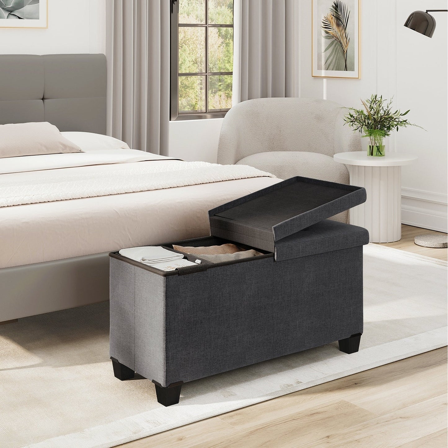 StorageBud Tuffted Folding Foot Rest Storage Ottoman Bench with Storage Bins