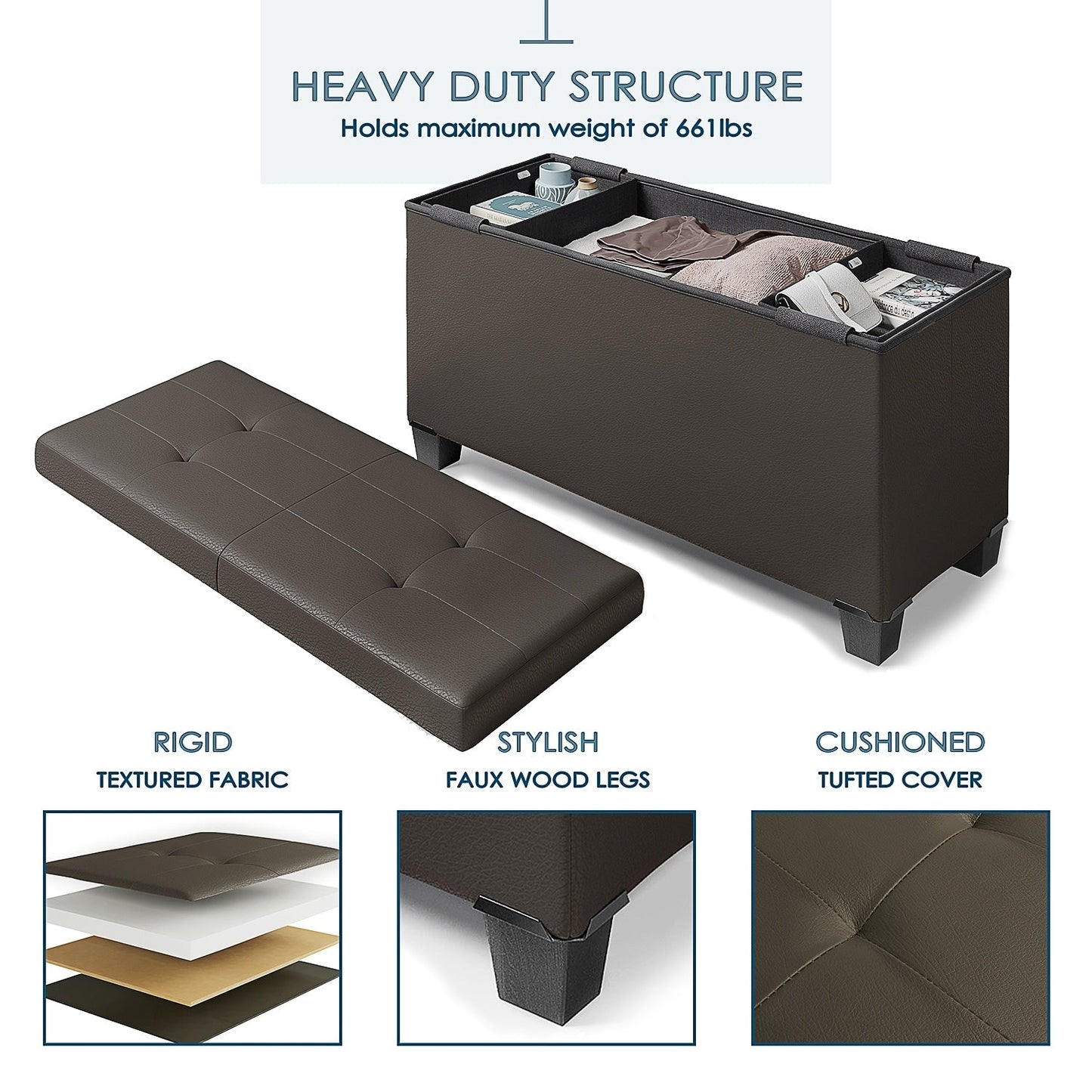 StorageBud Tuffted Folding Foot Rest Storage Ottoman Bench with Storage Bins