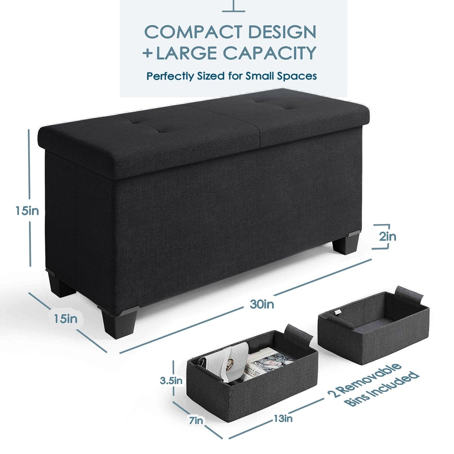 StorageBud Tuffted Folding Foot Rest Storage Ottoman Bench with Storage Bins