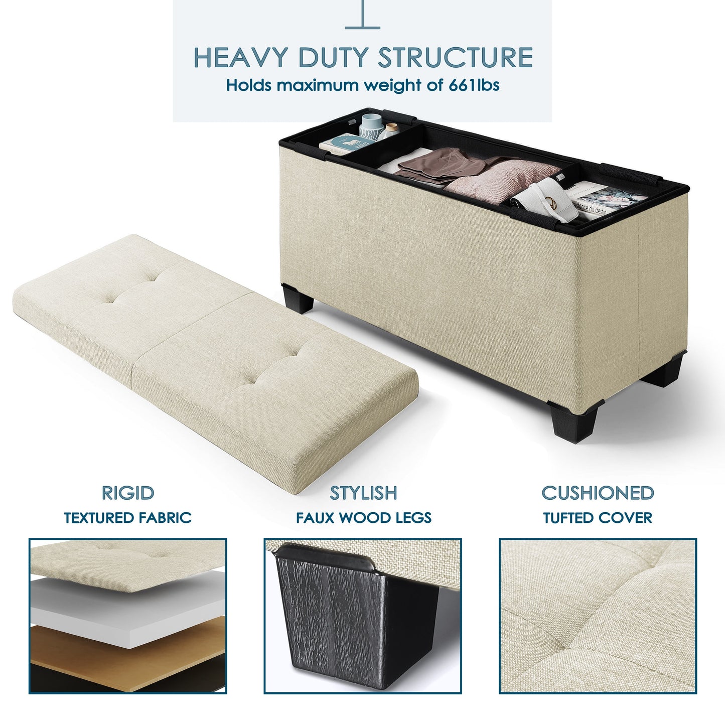 StorageBud Tuffted Folding Foot Rest Storage Ottoman Bench with Storage Bins