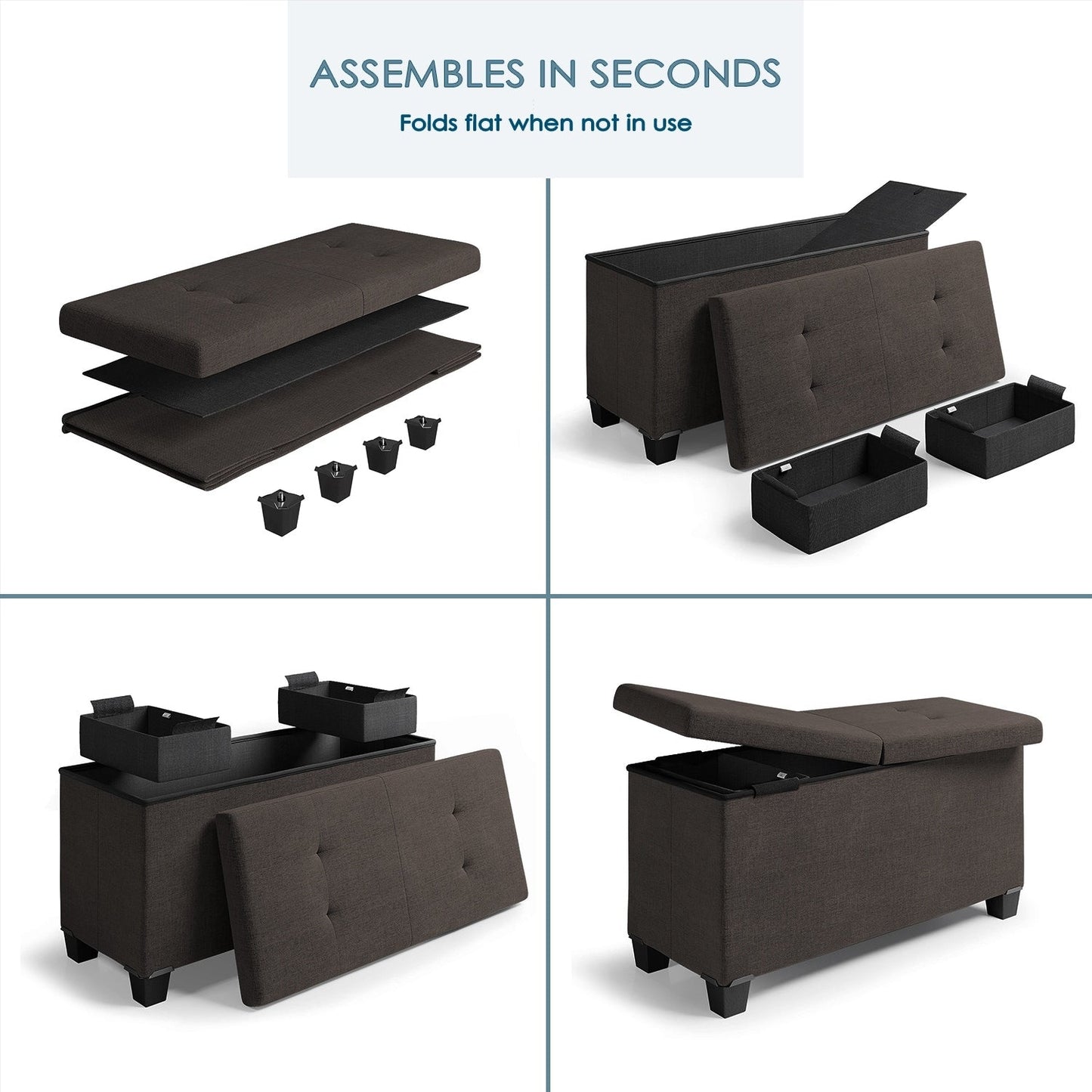 StorageBud Tuffted Folding Foot Rest Storage Ottoman Bench with Storage Bins