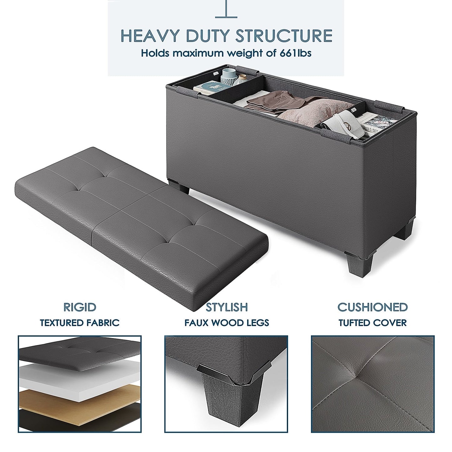 StorageBud Tuffted Folding Foot Rest Storage Ottoman Bench with Storage Bins