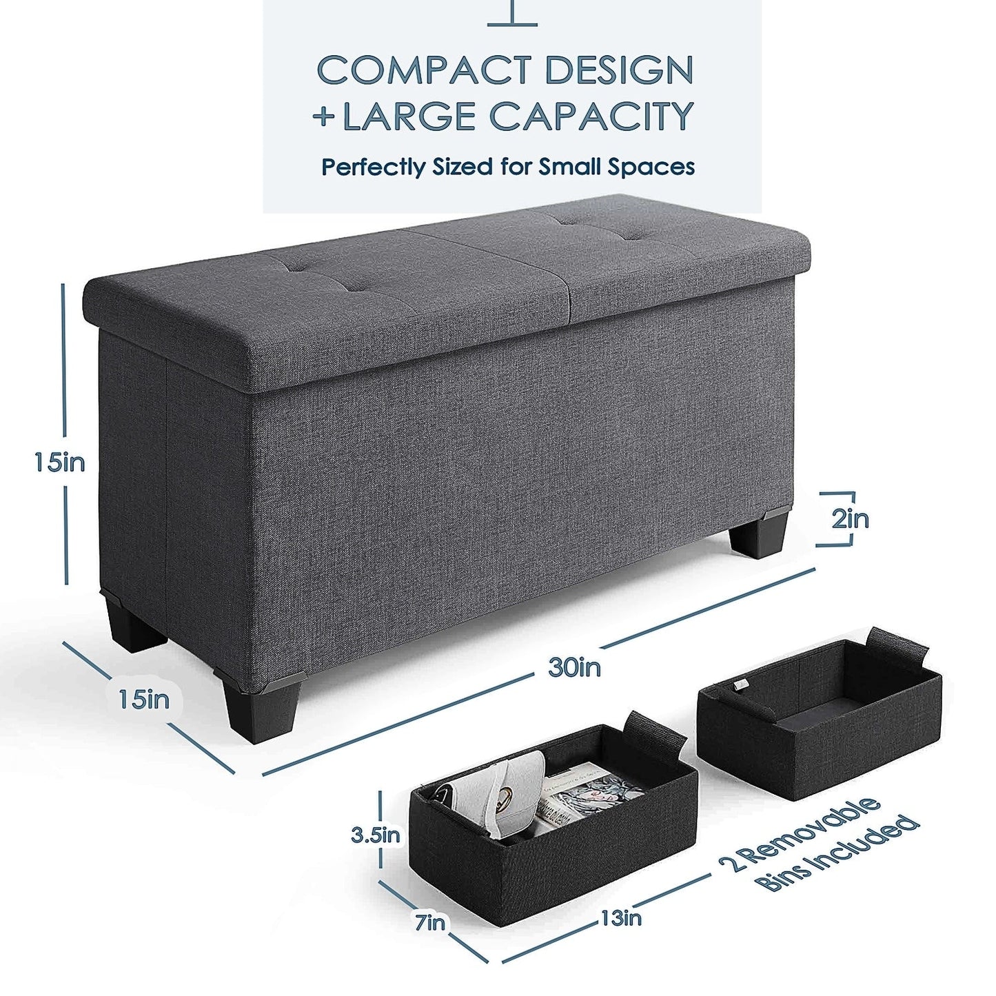 StorageBud Tuffted Folding Foot Rest Storage Ottoman Bench with Storage Bins