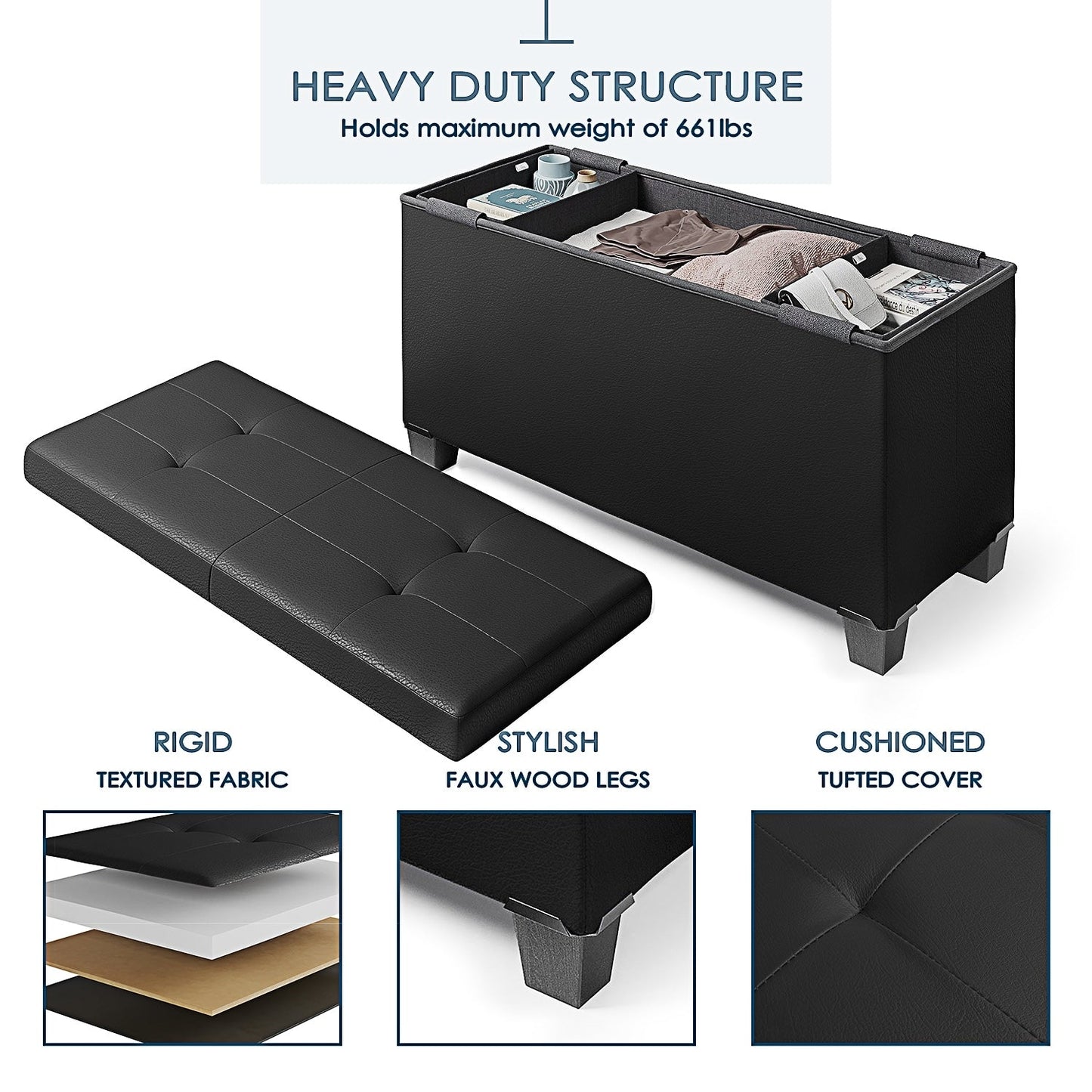 StorageBud Tuffted Folding Foot Rest Storage Ottoman Bench with Storage Bins