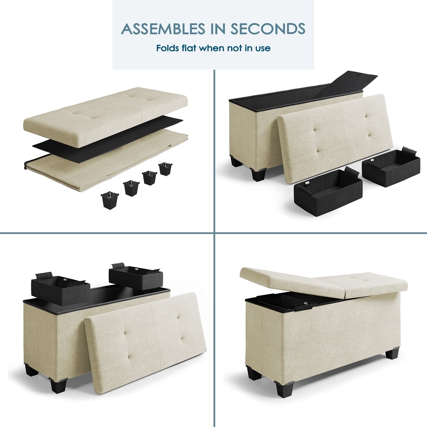 StorageBud Tuffted Folding Foot Rest Storage Ottoman Bench with Storage Bins