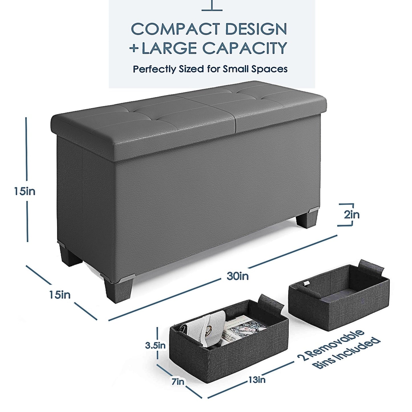 StorageBud Tuffted Folding Foot Rest Storage Ottoman Bench with Storage Bins