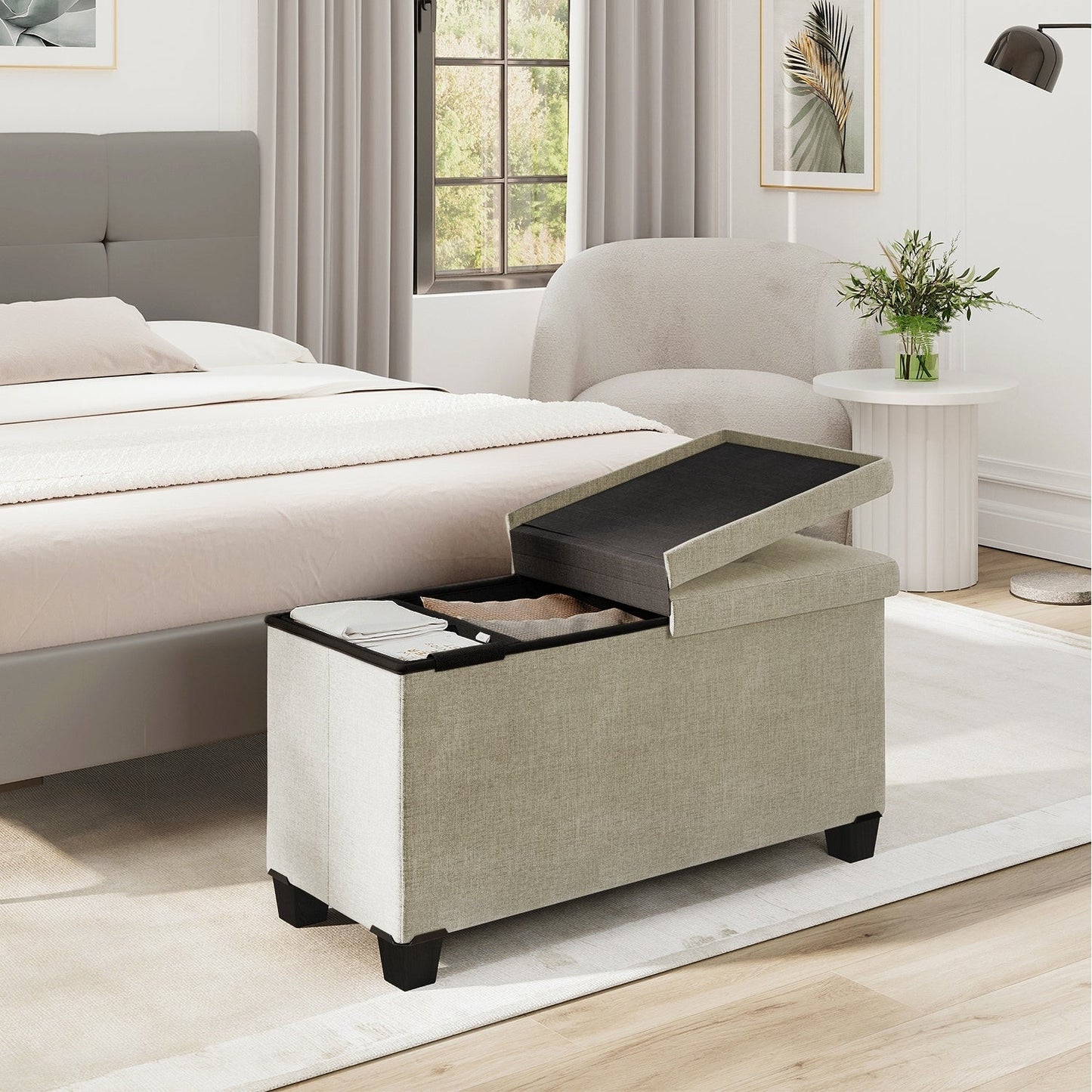 StorageBud Tuffted Folding Foot Rest Storage Ottoman Bench with Storage Bins
