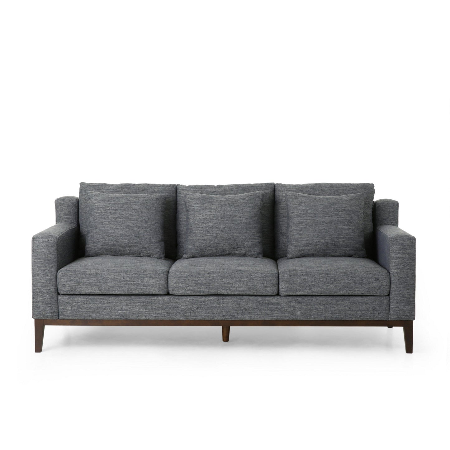 Canapé Noah, 3 coussins, revêtement en polyester gris, garniture en bois marron, 203 cm