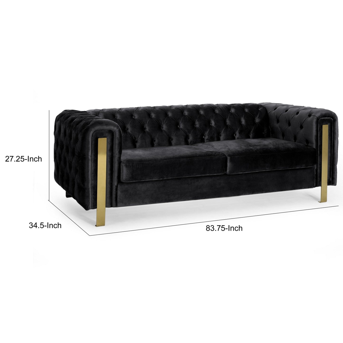 Canapé Nua, Chesterfield capitonné en velours noir, 84 pouces, pieds dorés modernes