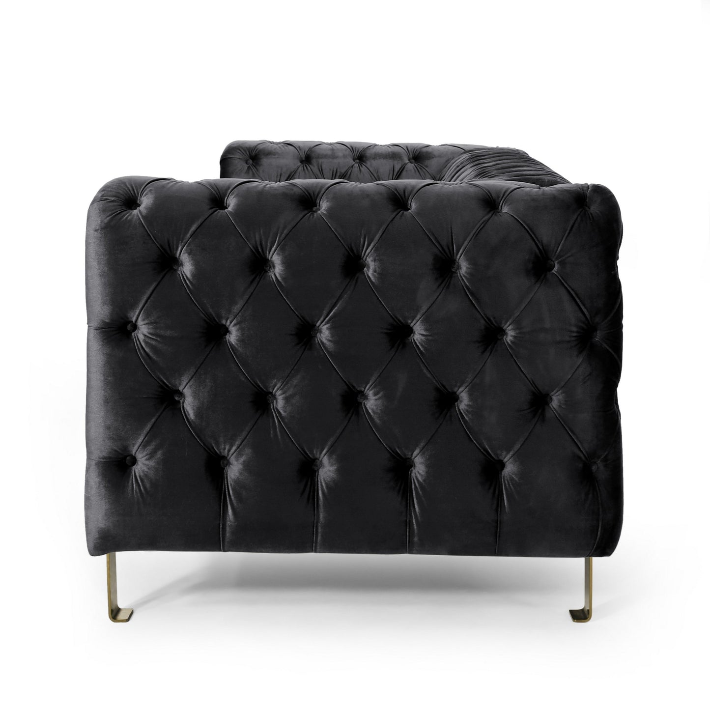 Canapé Nua, Chesterfield capitonné en velours noir, 84 pouces, pieds dorés modernes
