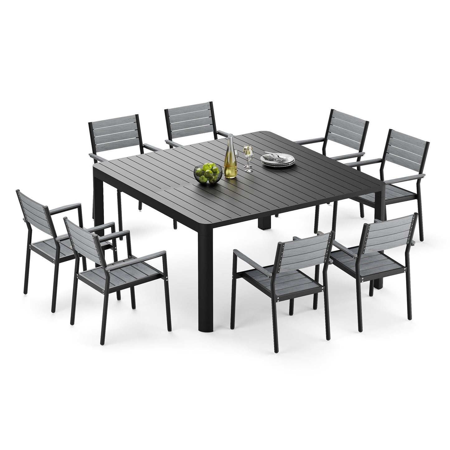 Mobilier de salle à manger d'extérieur : table extensible avec rallonge, chaises empilables, aluminium (voir photo).