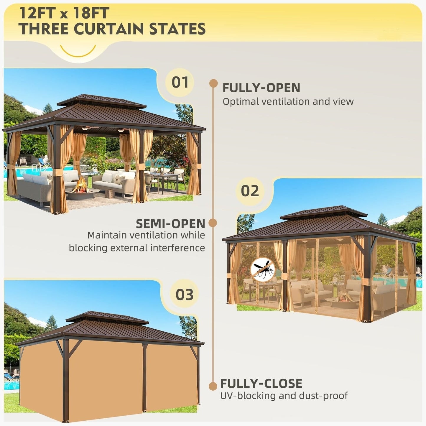 Outdoor Hardtop Gazebo with Galvanized Steel Double Roof & Aluminum Frame, Outdoor pergola with Premium Curtains and Nettings