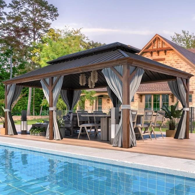 Outdoor Hardtop Gazebo with Galvanized Steel Double Roof & Aluminum Frame, Outdoor pergola with Premium Curtains and Nettings
