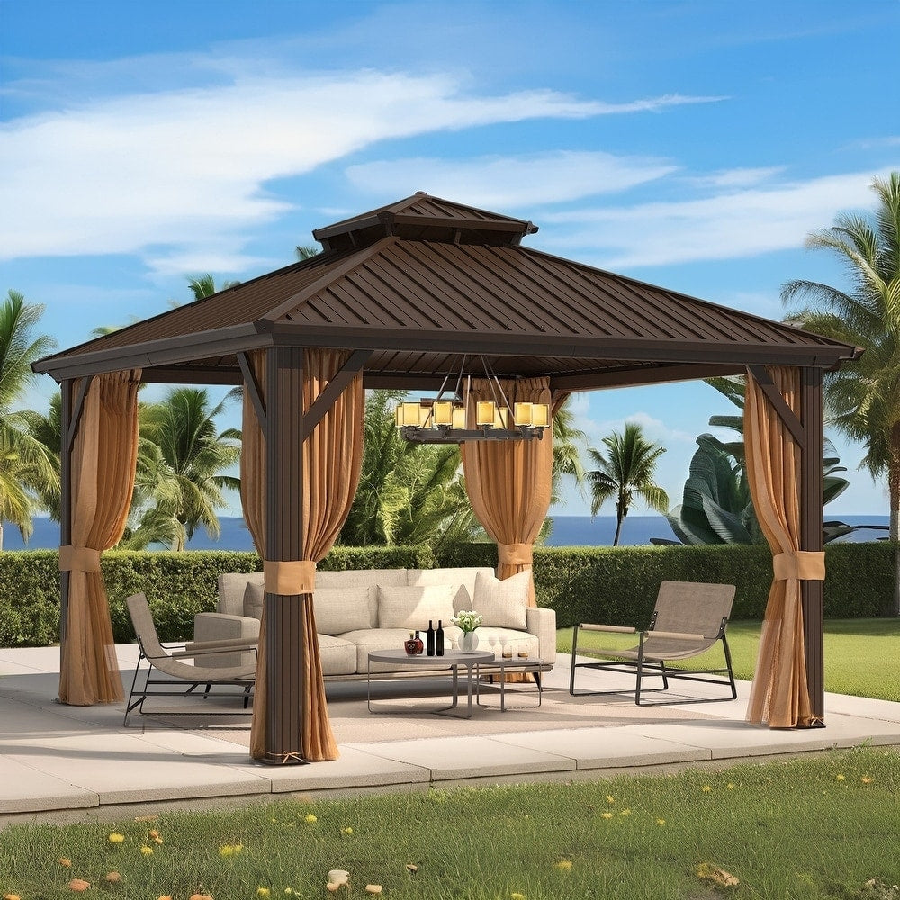 Outdoor Hardtop Gazebo with Galvanized Steel Double Roof & Aluminum Frame, Outdoor pergola with Premium Curtains and Nettings