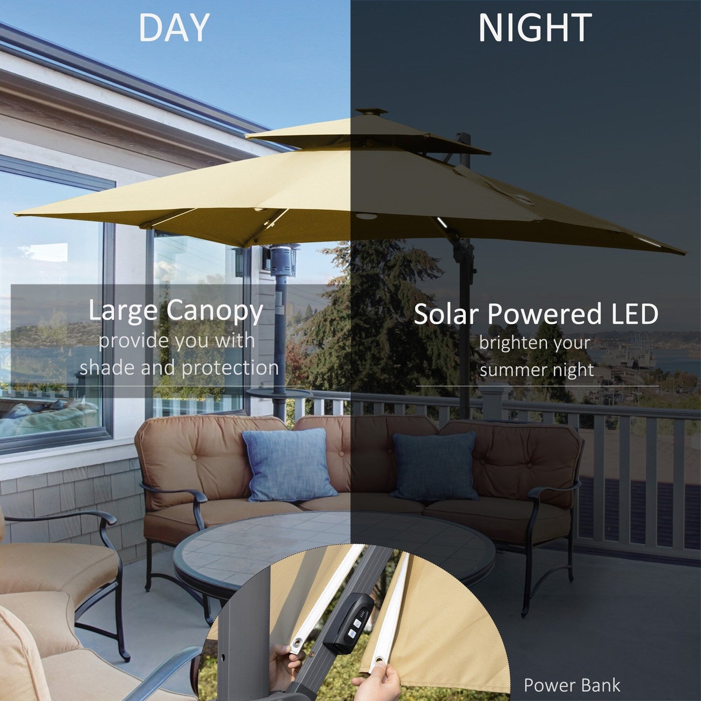 Outsunny 10ft Solar LED Patio Umbrella, Offset Hanging Umbrella with 360° Rotation, Cross Base, 8 Ribs, Tilt and Crank