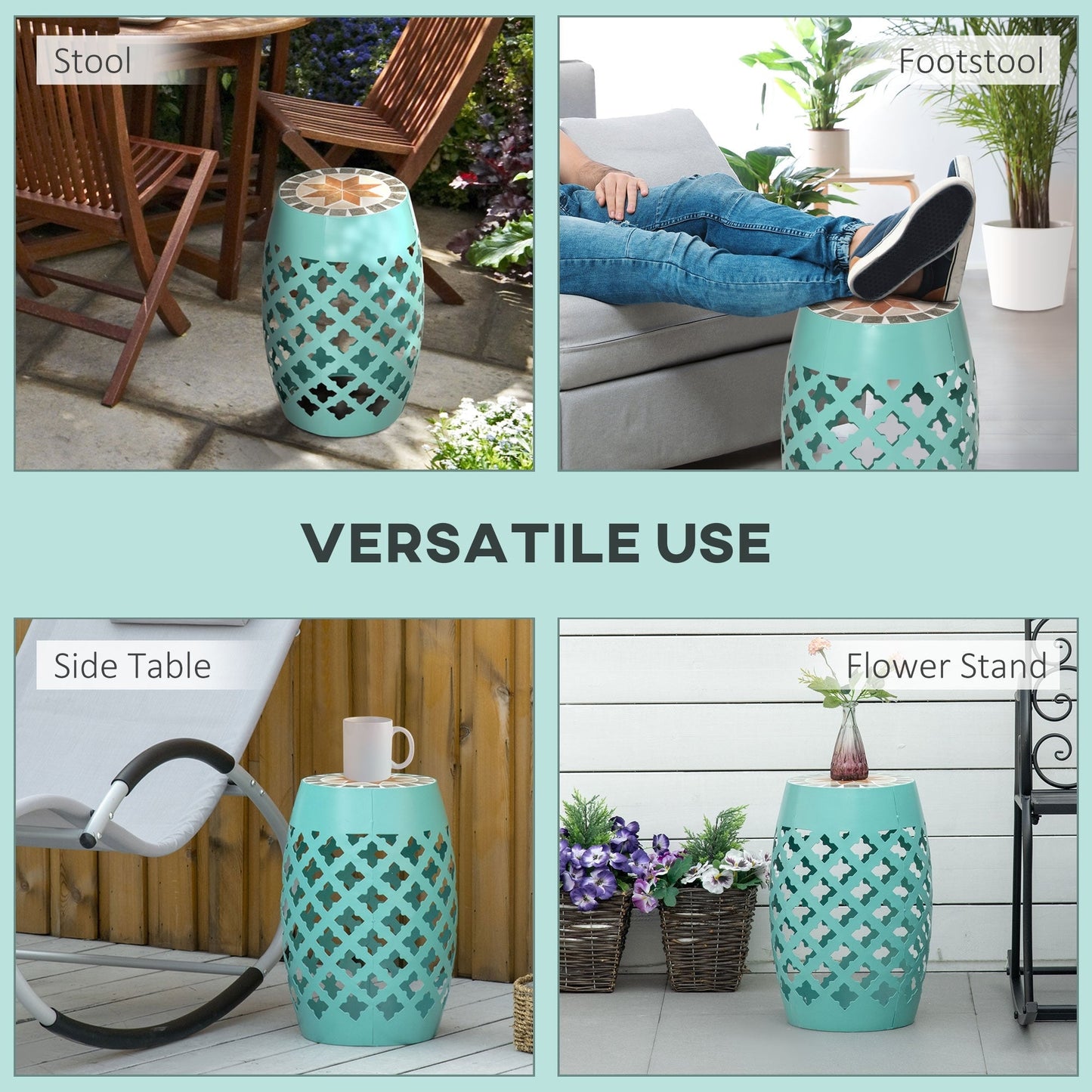 Outsunny 12 Round Patio Outdoor Footstool, Garden Mosaic Accent Side Table, Plant Stand