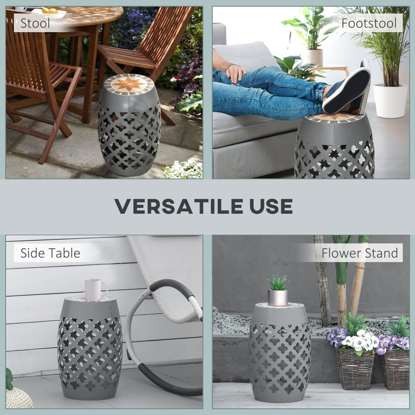 Outsunny 12 Round Patio Outdoor Footstool, Garden Mosaic Accent Side Table, Plant Stand