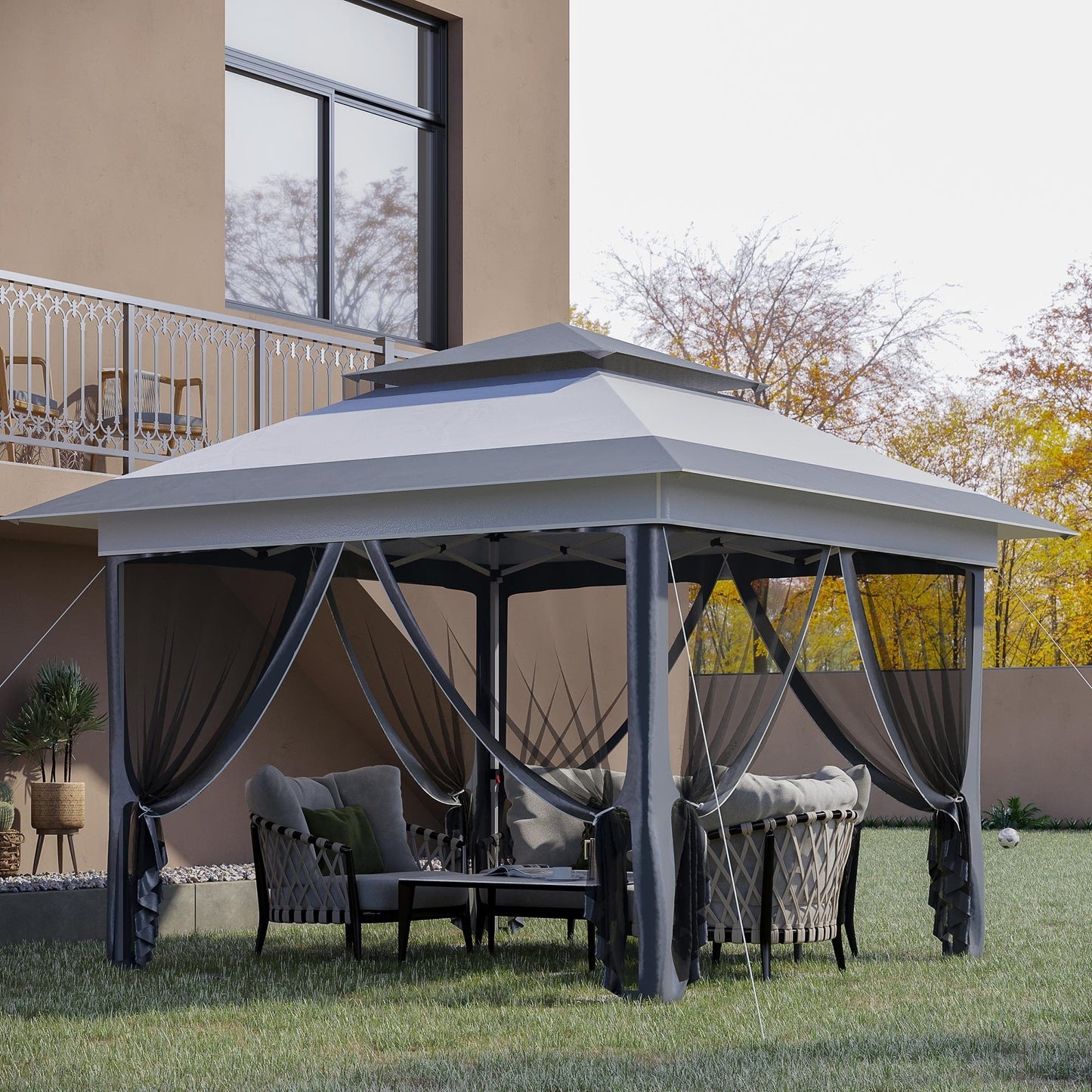 Outsunny 12' x 12' Pop Up Canopy Sun Shade Instant Tent Folding with Mesh Sidewall Netting, 3-Level Adjustable Height
