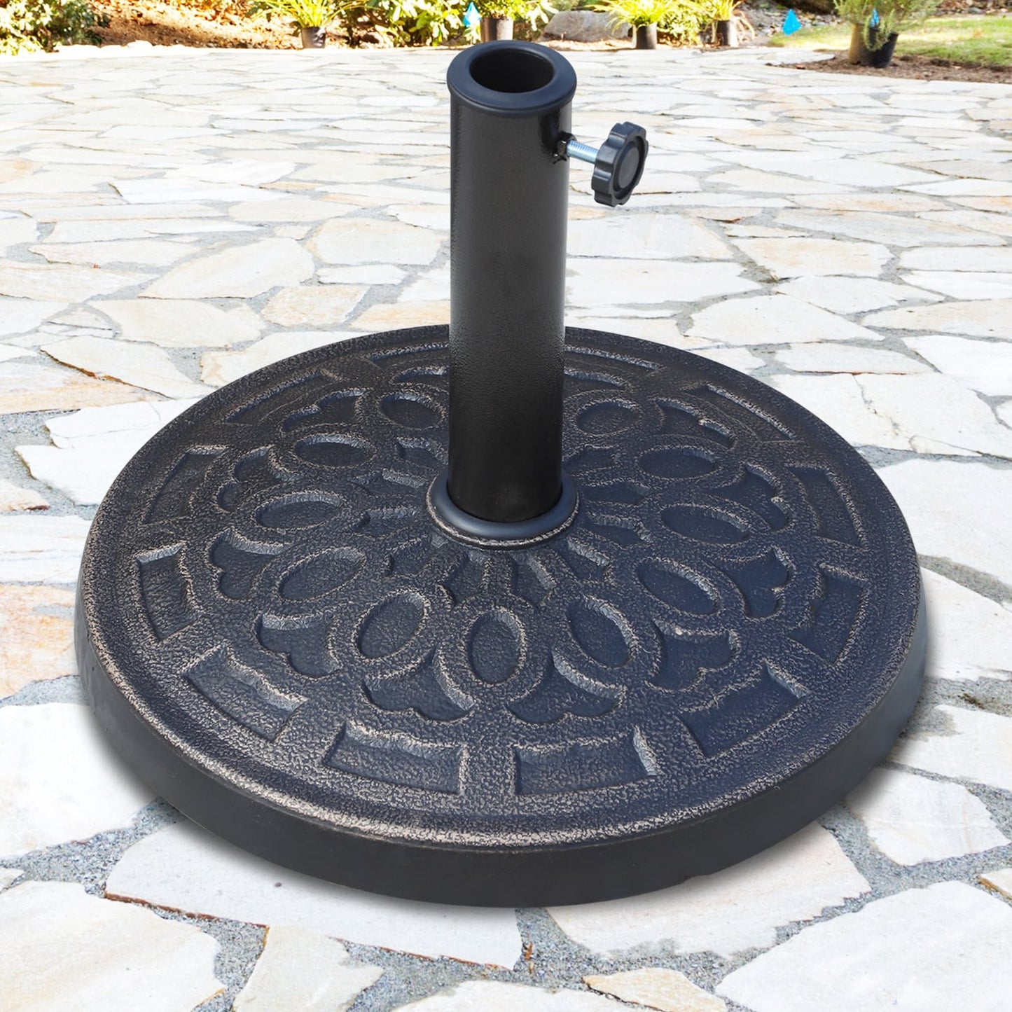 Outsunny 17 26 lbs Round Resin Umbrella Base Stand with Beautiful Decorative Pattern & Easy Setup, for Φ1.5, Φ1.89 Pole