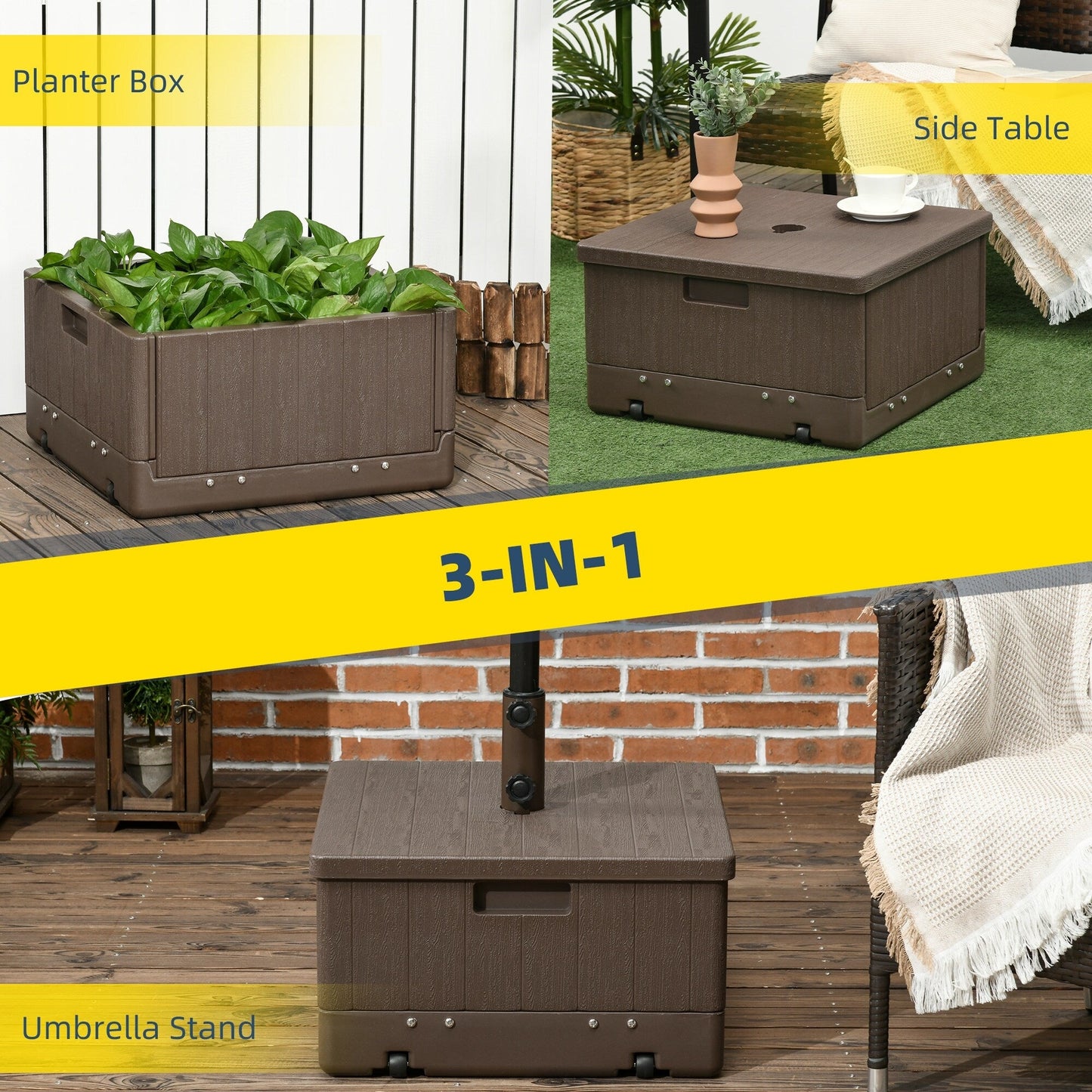 Outsunny 3-in-1 Outdoor Umbrella Base, Coffee End Table, Planter Box with Drainage, 175lbs Capacity Patio Umbrella Stand Table