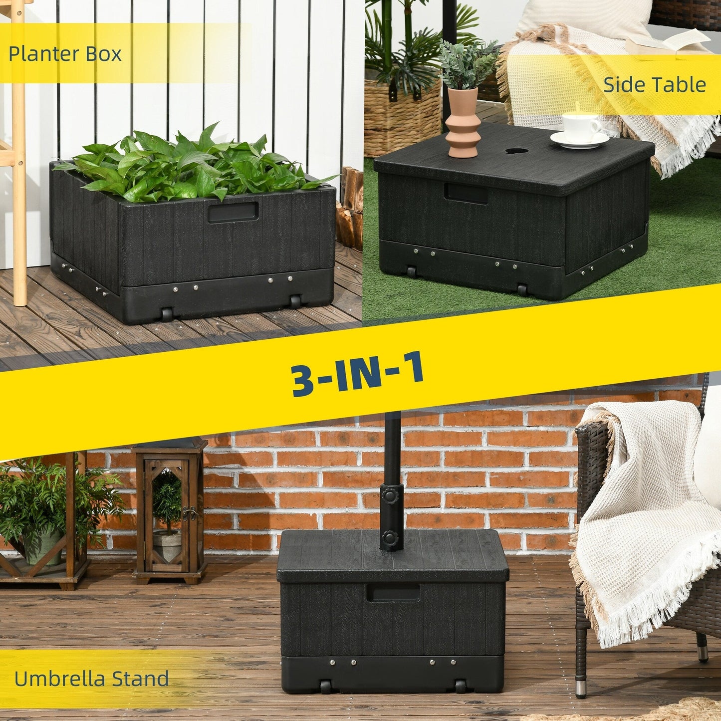 Outsunny 3-in-1 Outdoor Umbrella Base, Coffee End Table, Planter Box with Drainage, 175lbs Capacity Patio Umbrella Stand Table