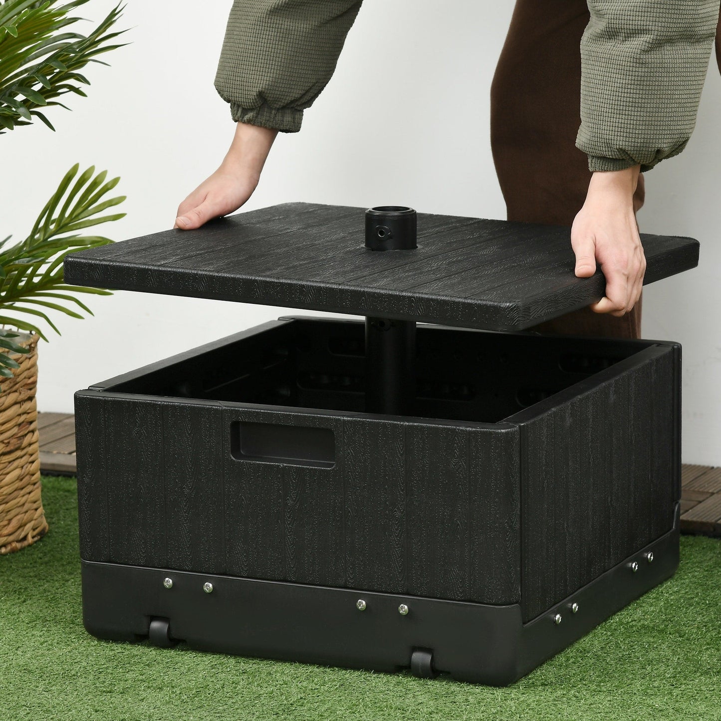 Outsunny 3-in-1 Outdoor Umbrella Base, Coffee End Table, Planter Box with Drainage, 175lbs Capacity Patio Umbrella Stand Table