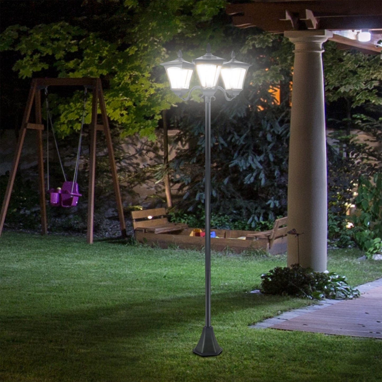 Outsunny 72 Solar Lamp Post, Triple-Head Street Light, All-Weather Waterproof Stainless Steel, Vintage Style for Garden, Lawn